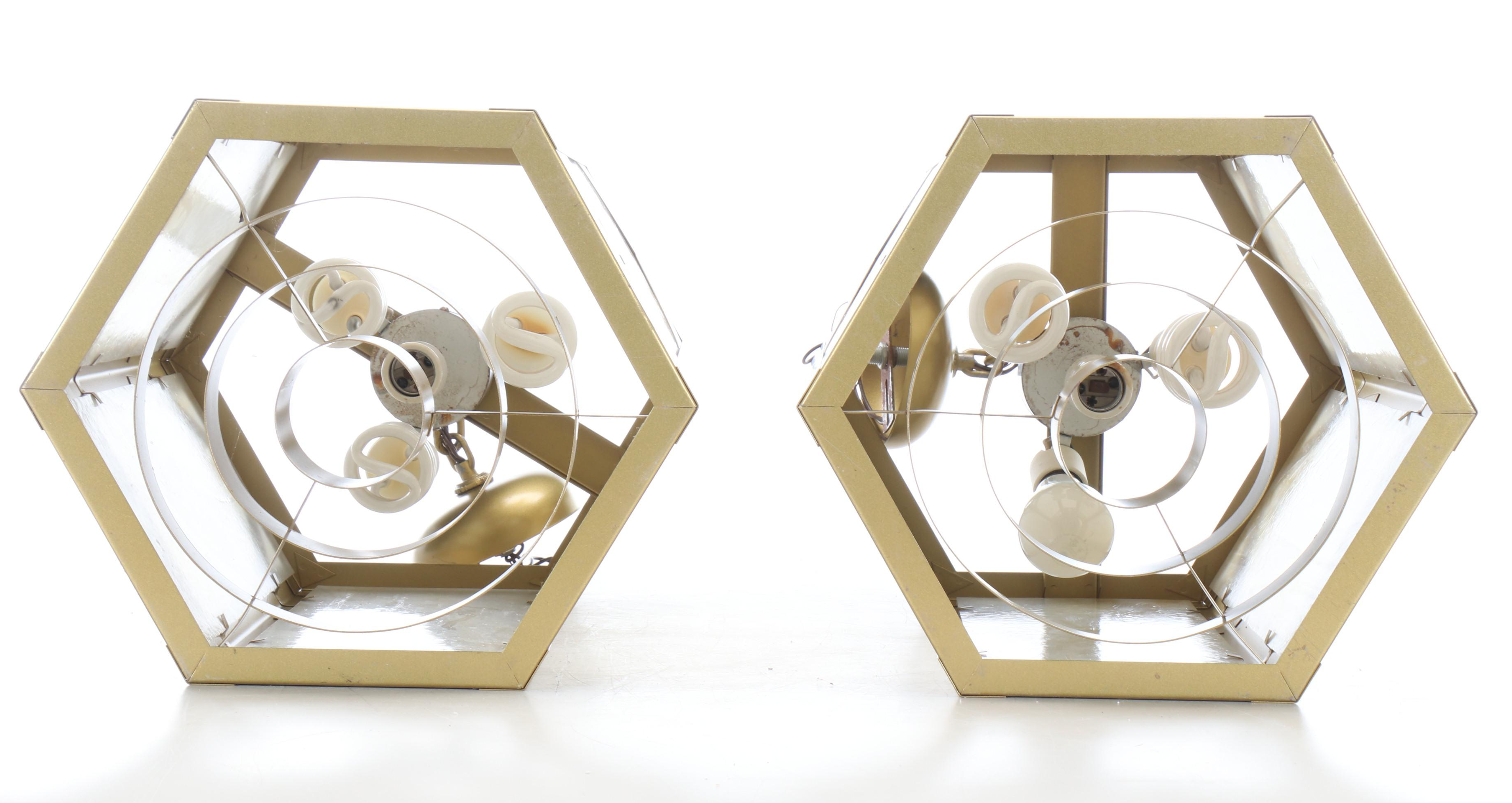 Gothic Revival Craft Metal "Hartford" Slag Glass & Gold Painted Church Pendants