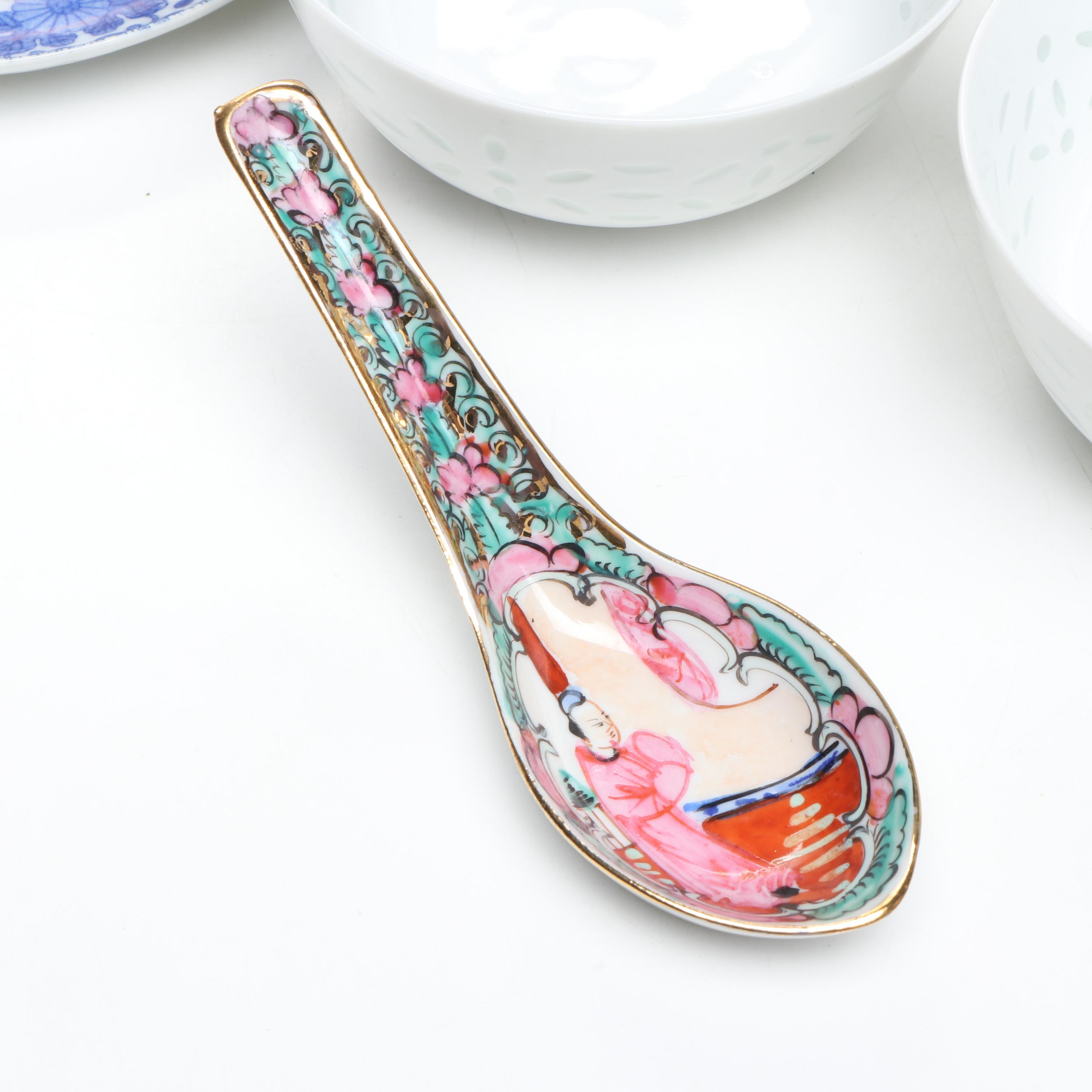 Japanese and Chinese Porcelain Bowls, Soup Spoons, and Plates