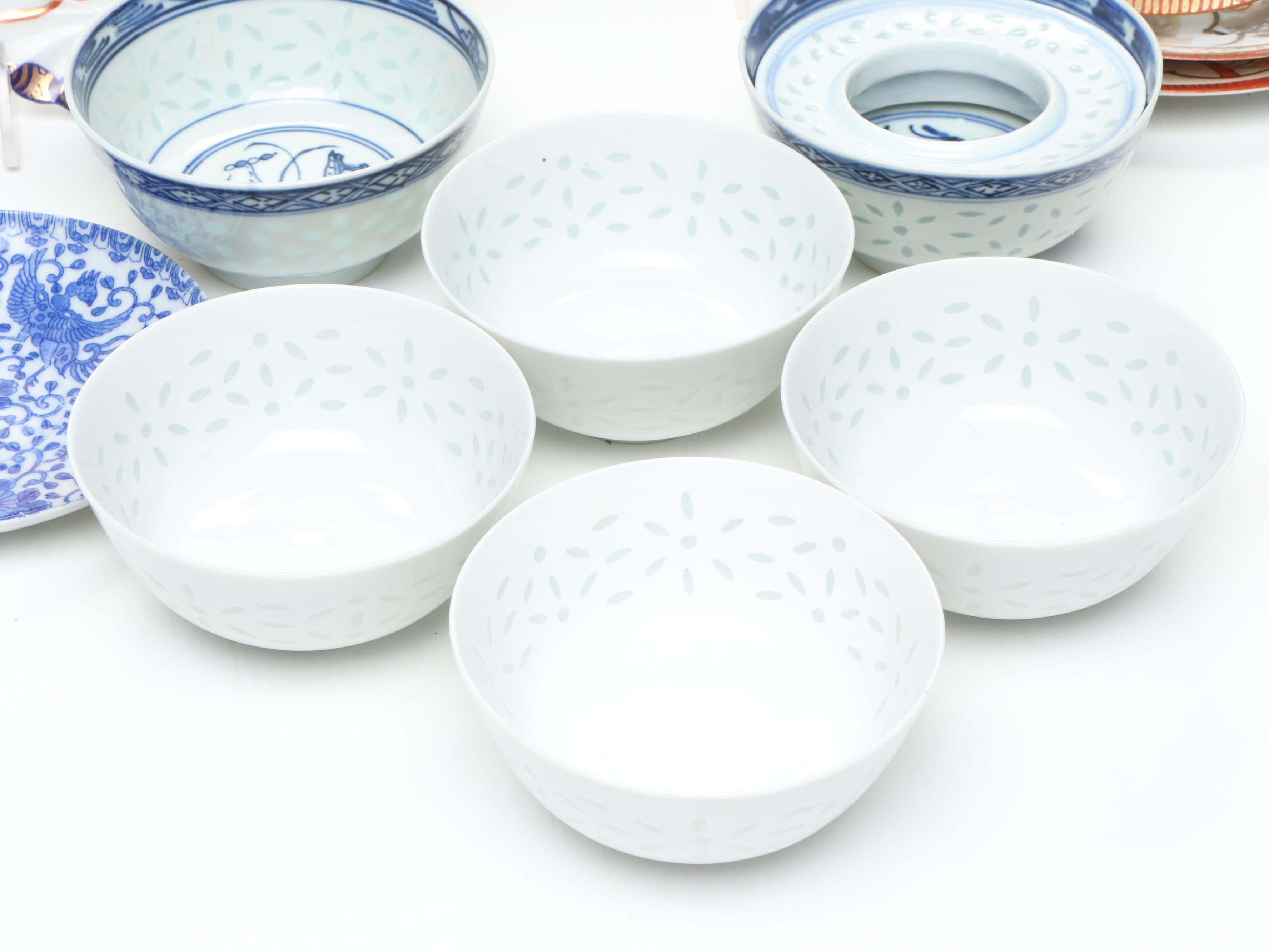 Japanese and Chinese Porcelain Bowls, Soup Spoons, and Plates