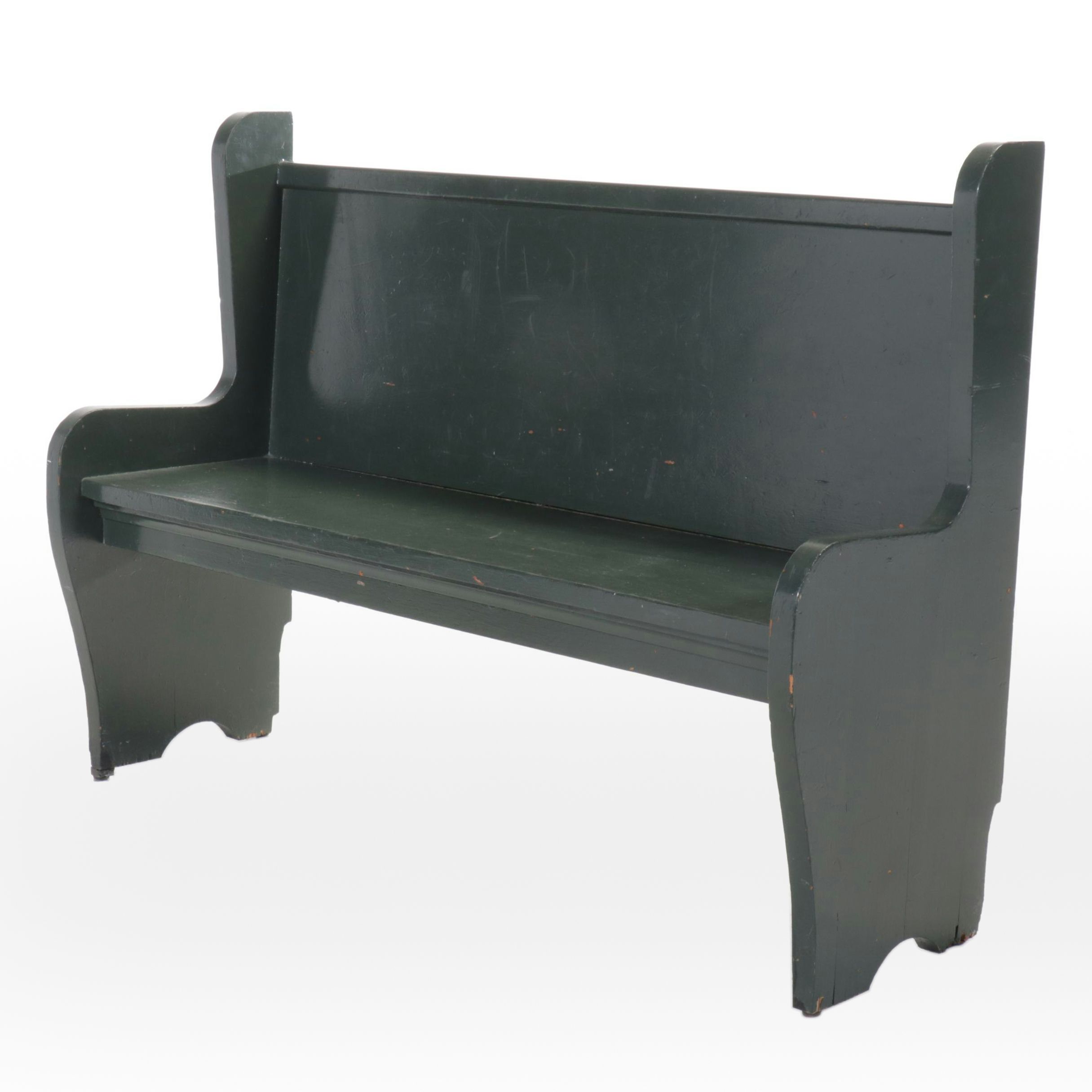 Green-Painted Wood Church Pew Bench, 20th Century