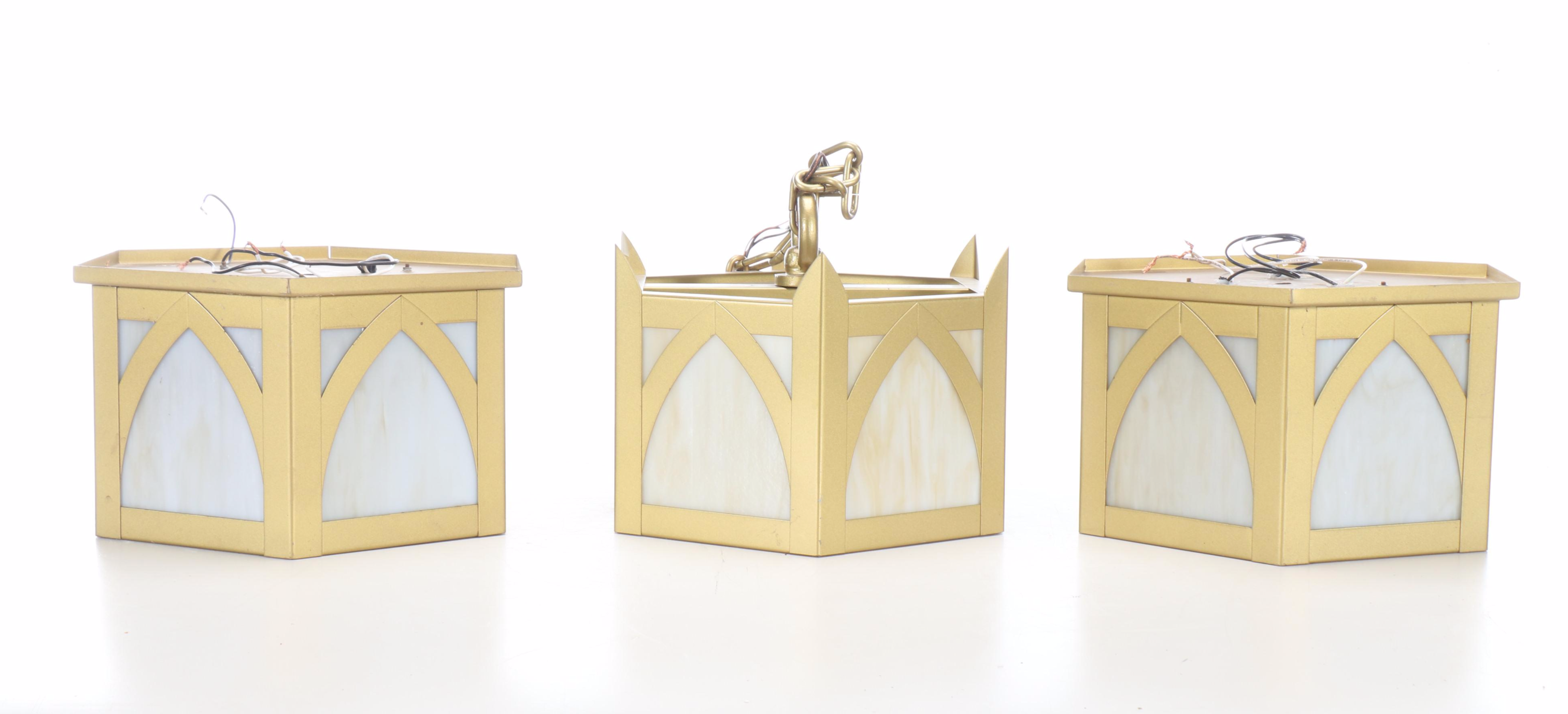 Gothic Revival Craft Metal "Hartford" Gold Painted Metal and Slag Glass Pendants