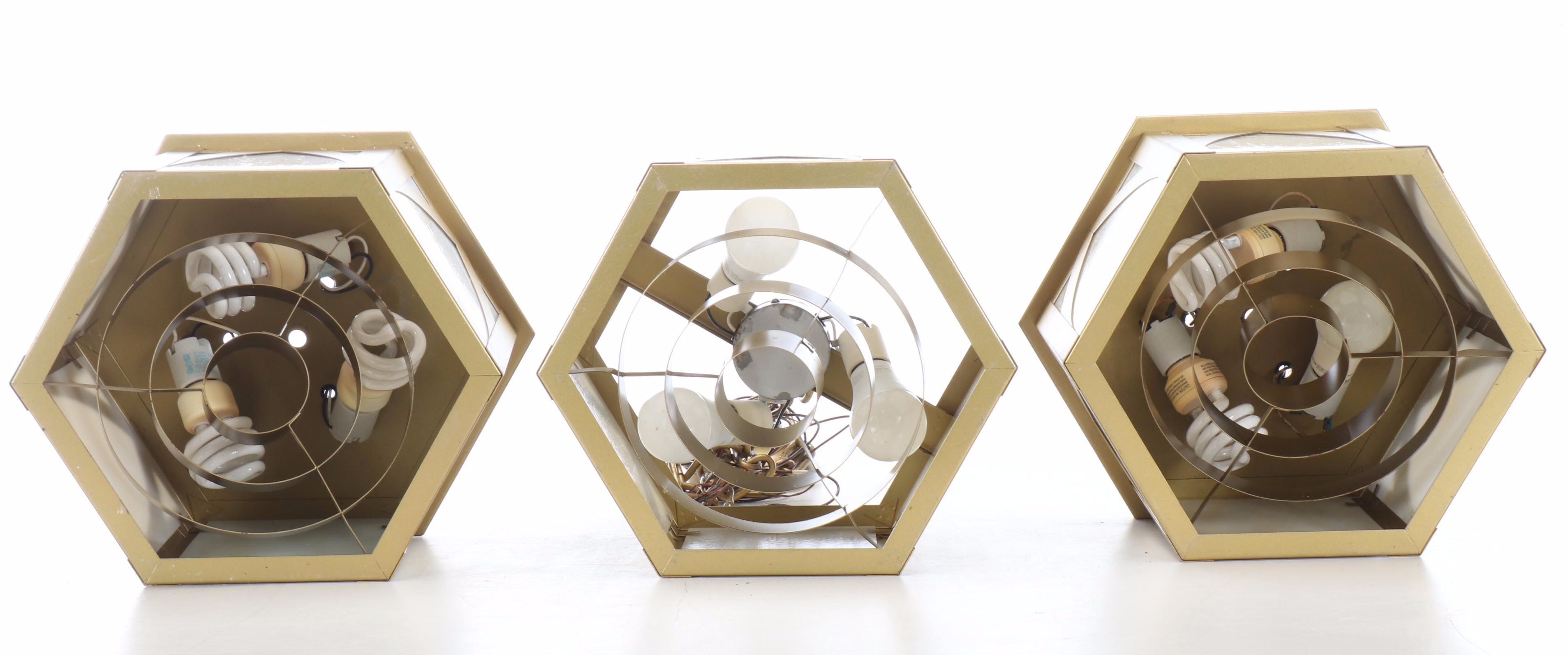 Gothic Revival Craft Metal "Hartford" Gold Painted Metal and Slag Glass Pendants