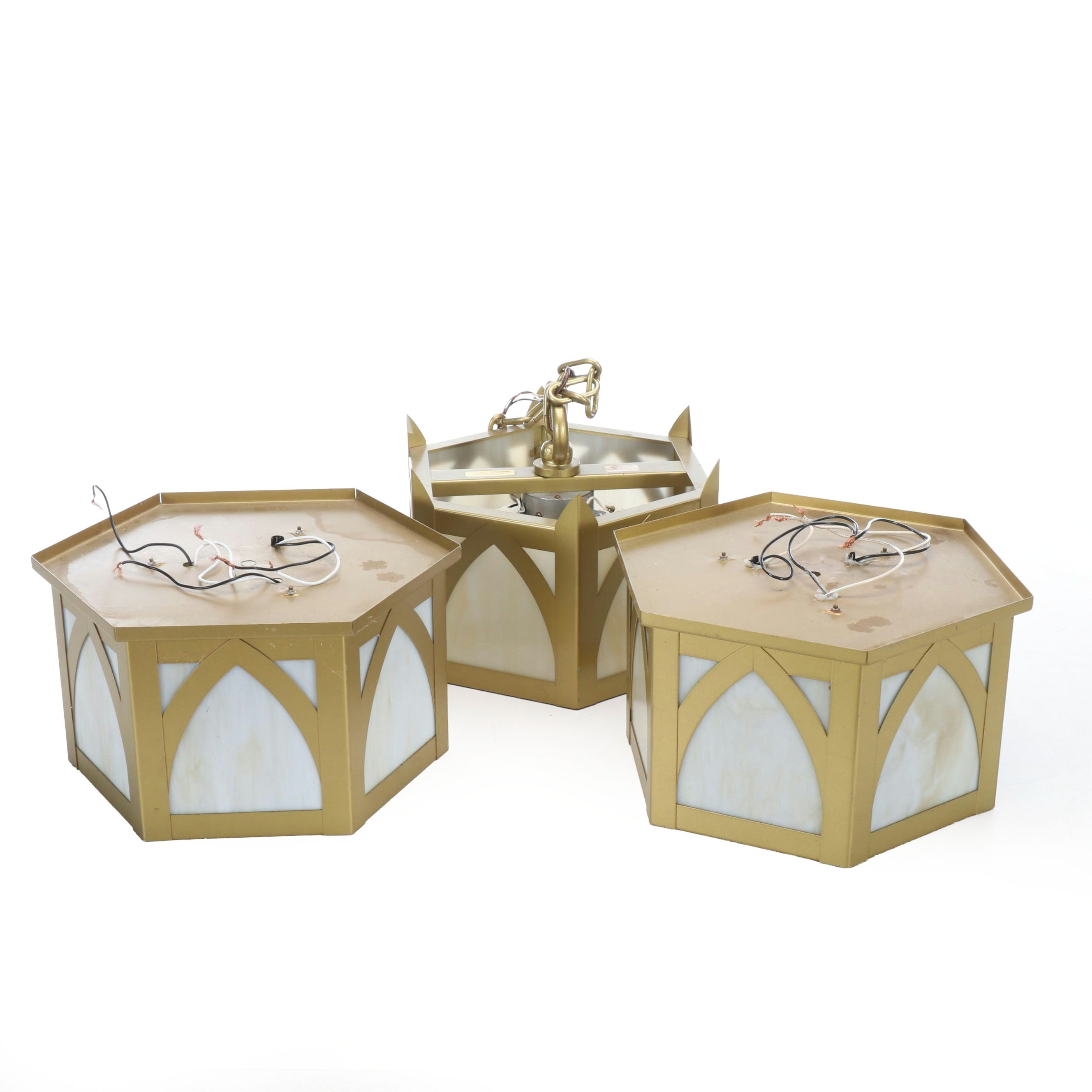 Gothic Revival Craft Metal "Hartford" Gold Painted Metal and Slag Glass Pendants