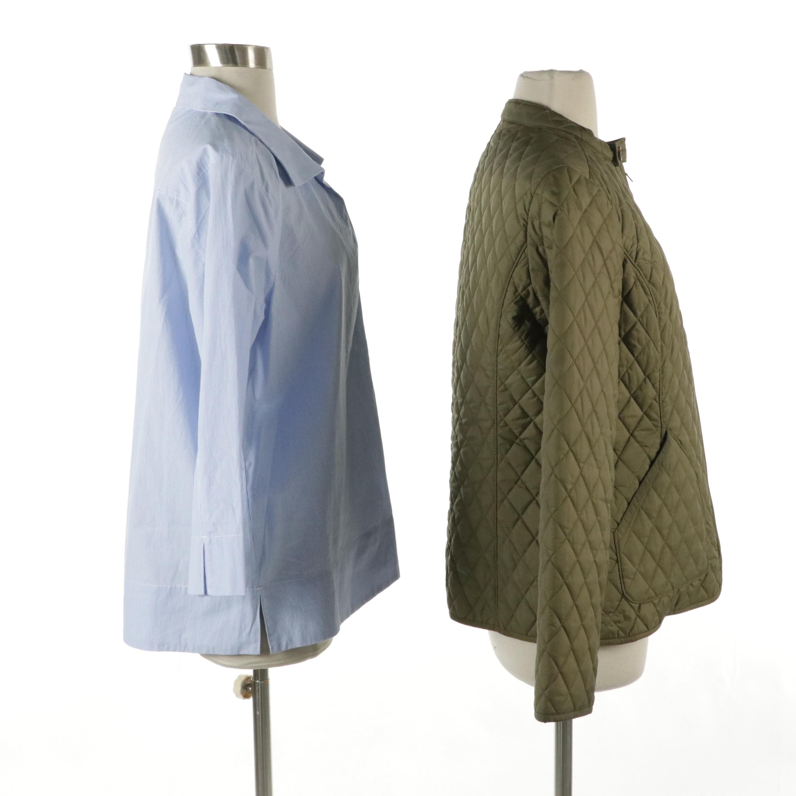 Tuckernuck Micro Striped Cotton Blouse, Banana Republic Quilted Nylon Zip Jacket