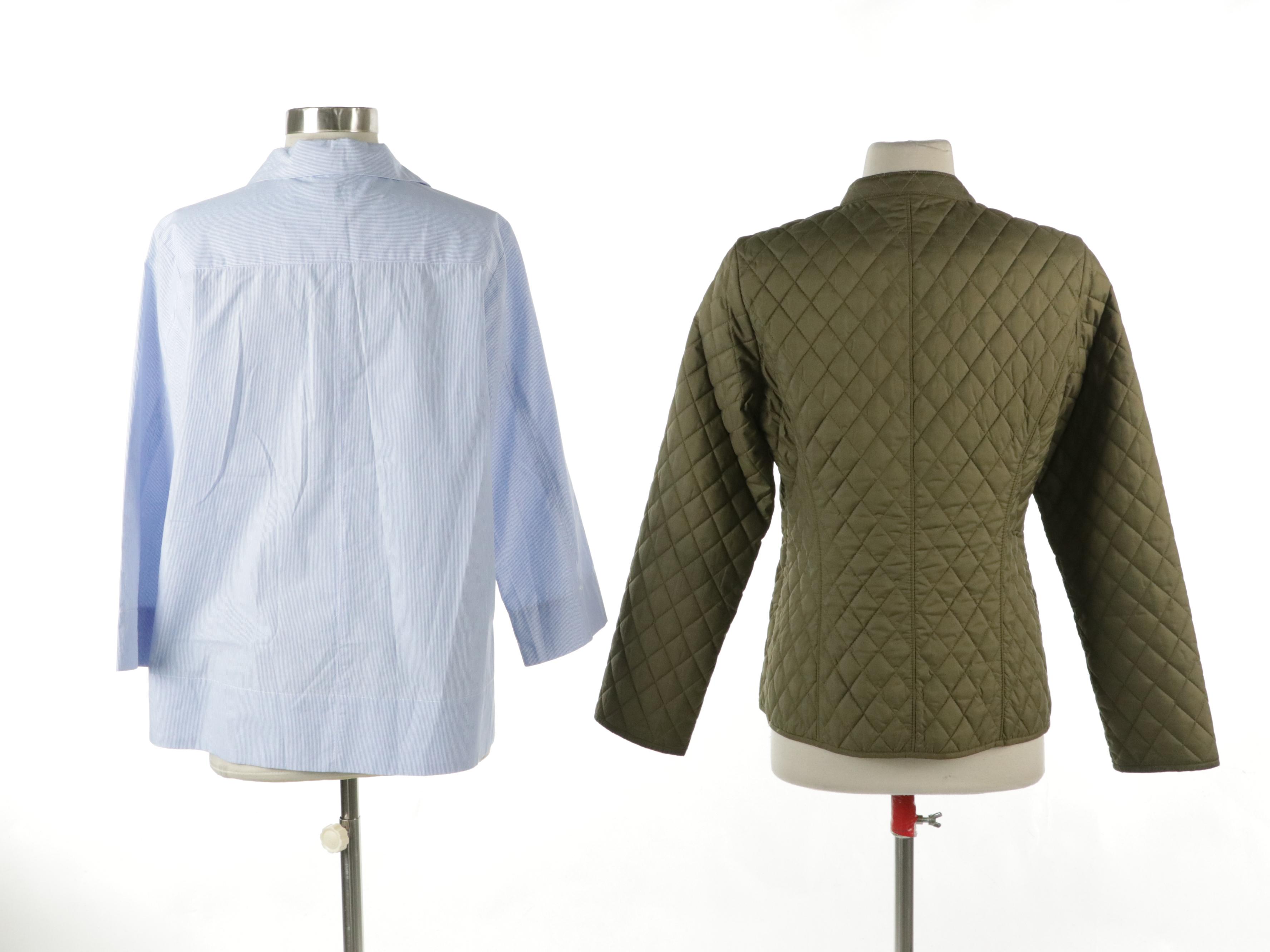 Tuckernuck Micro Striped Cotton Blouse, Banana Republic Quilted Nylon Zip Jacket