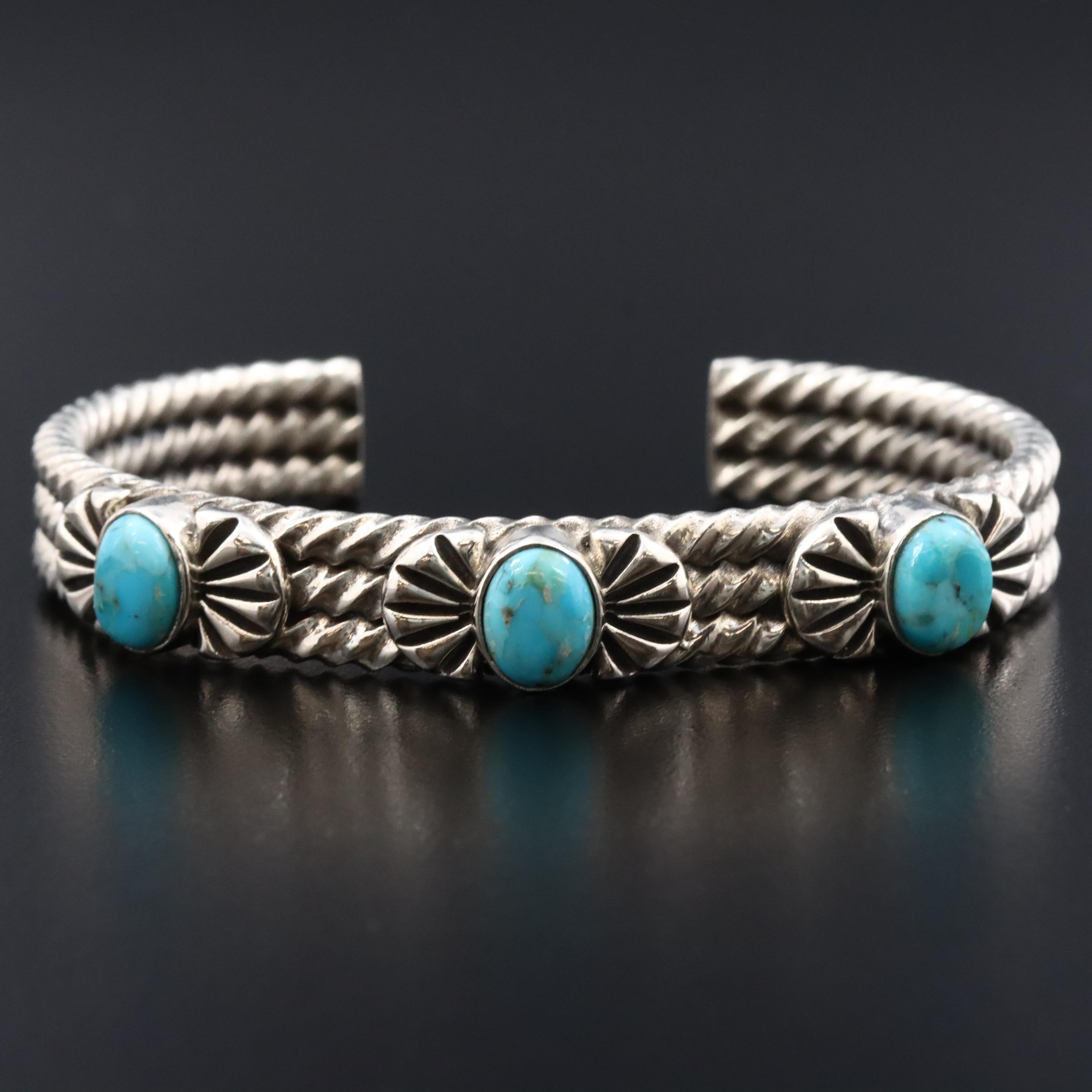 Sterling Turquoise Ribbed Cuff Bracelet