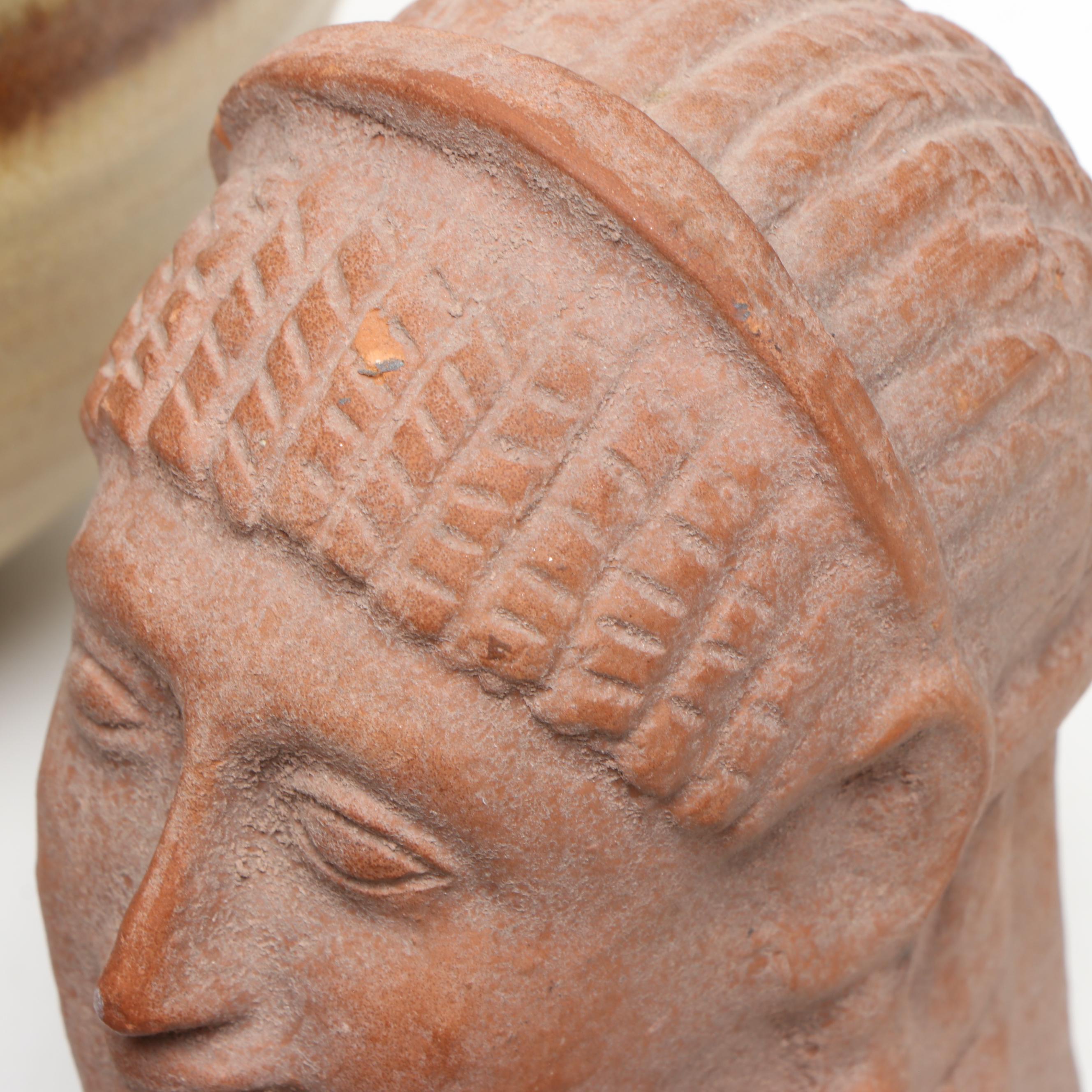 Terracotta Kouros Head, Artist Signed Pottery, and Other Table Décor