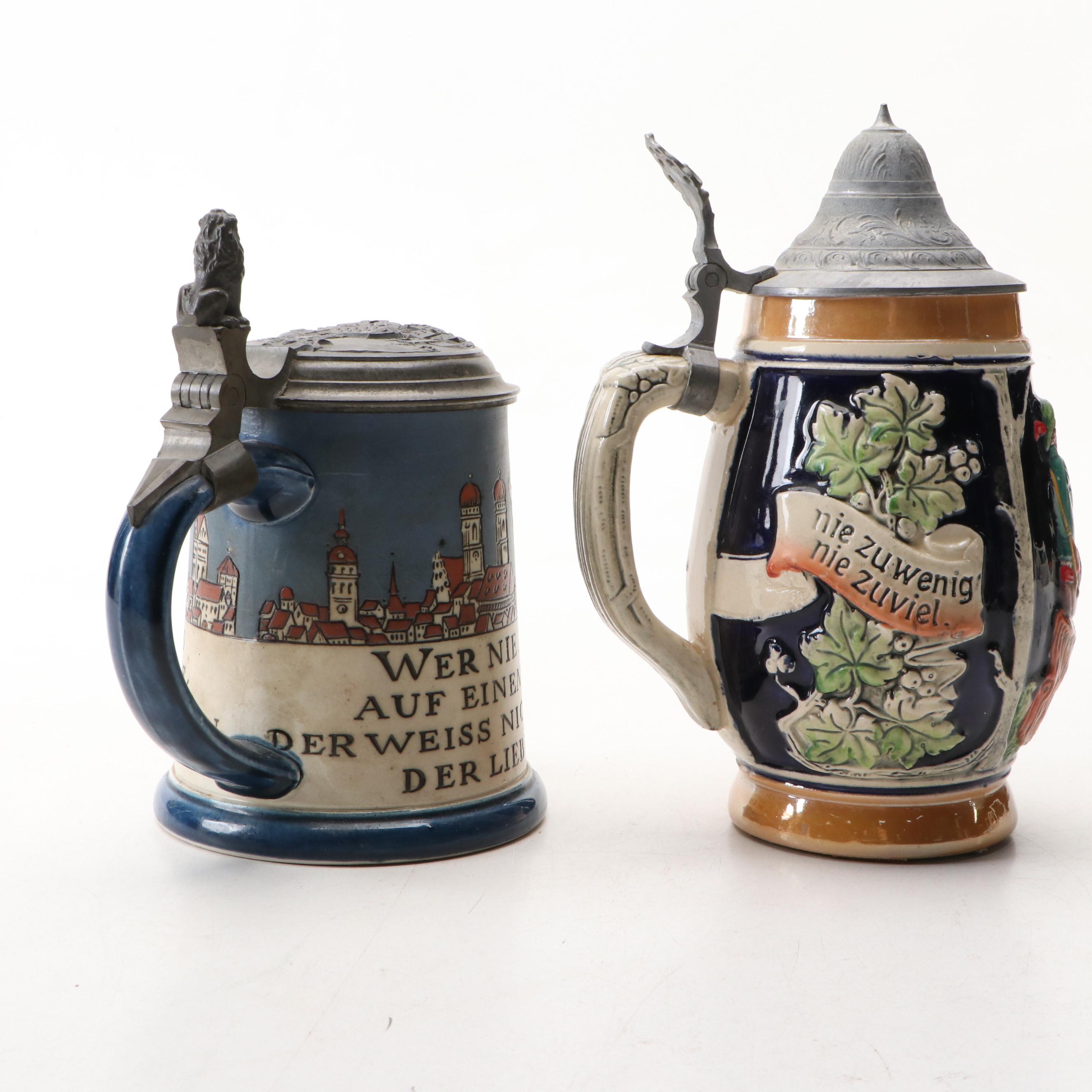 Mettlach, Cremer and Other Earthenware German Steins with Pewter Lids