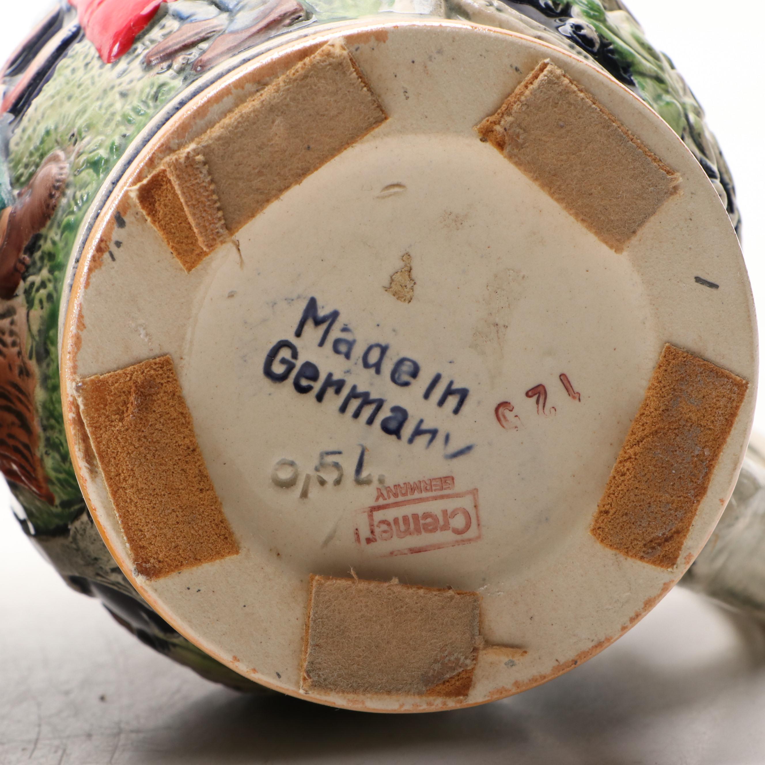 Mettlach, Cremer and Other Earthenware German Steins with Pewter Lids