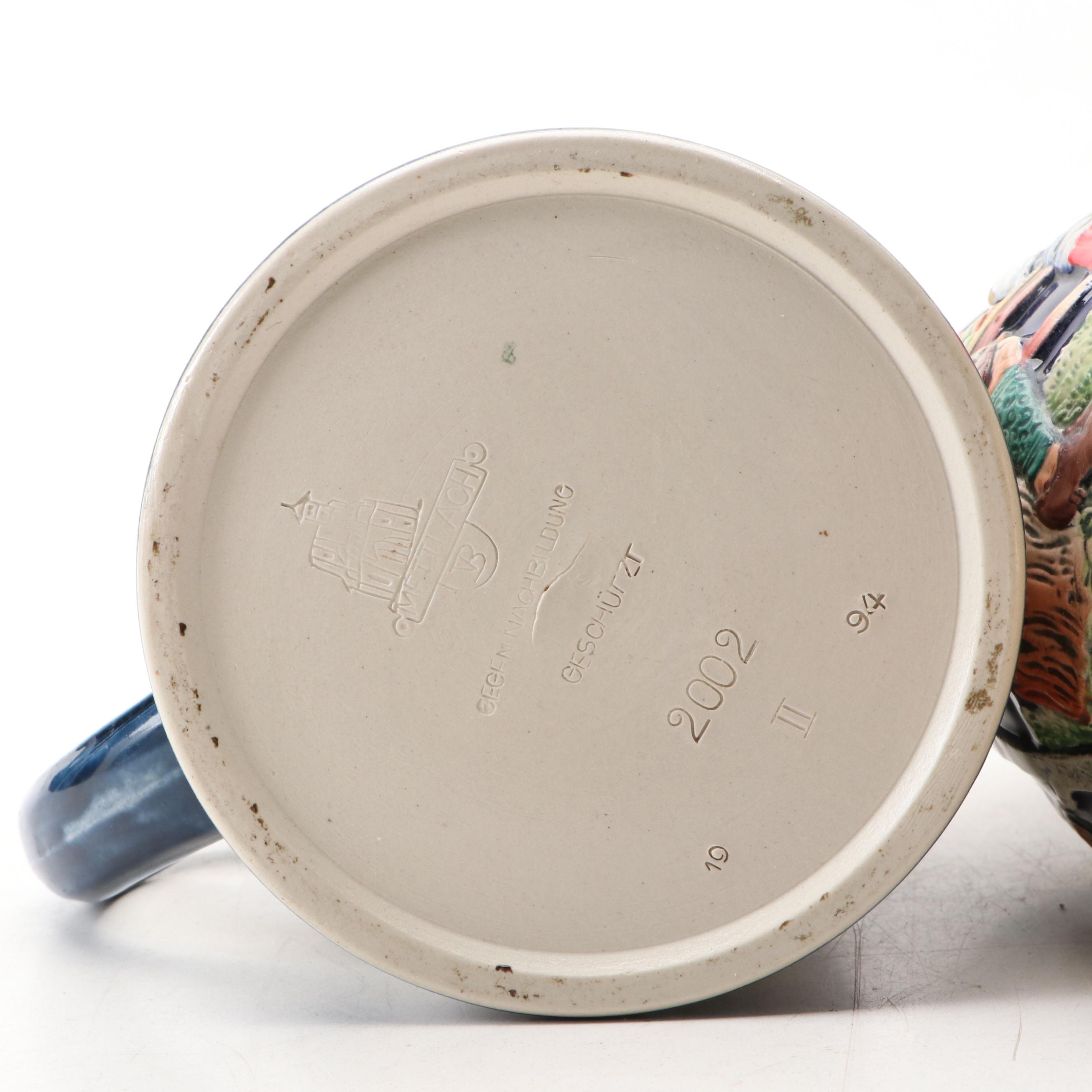 Mettlach, Cremer and Other Earthenware German Steins with Pewter Lids