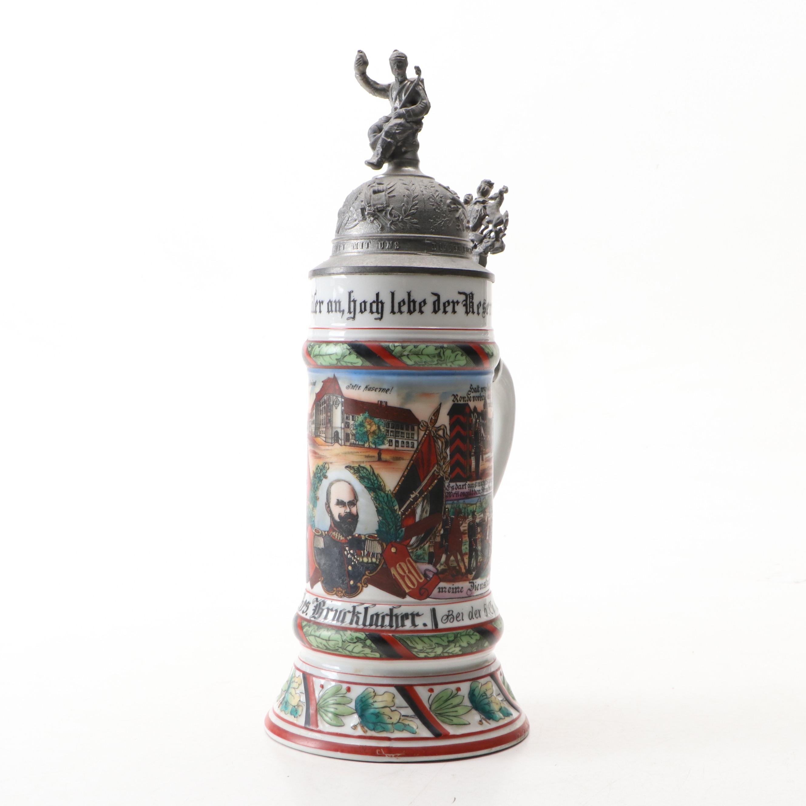 Mettlach, Cremer and Other Earthenware German Steins with Pewter Lids