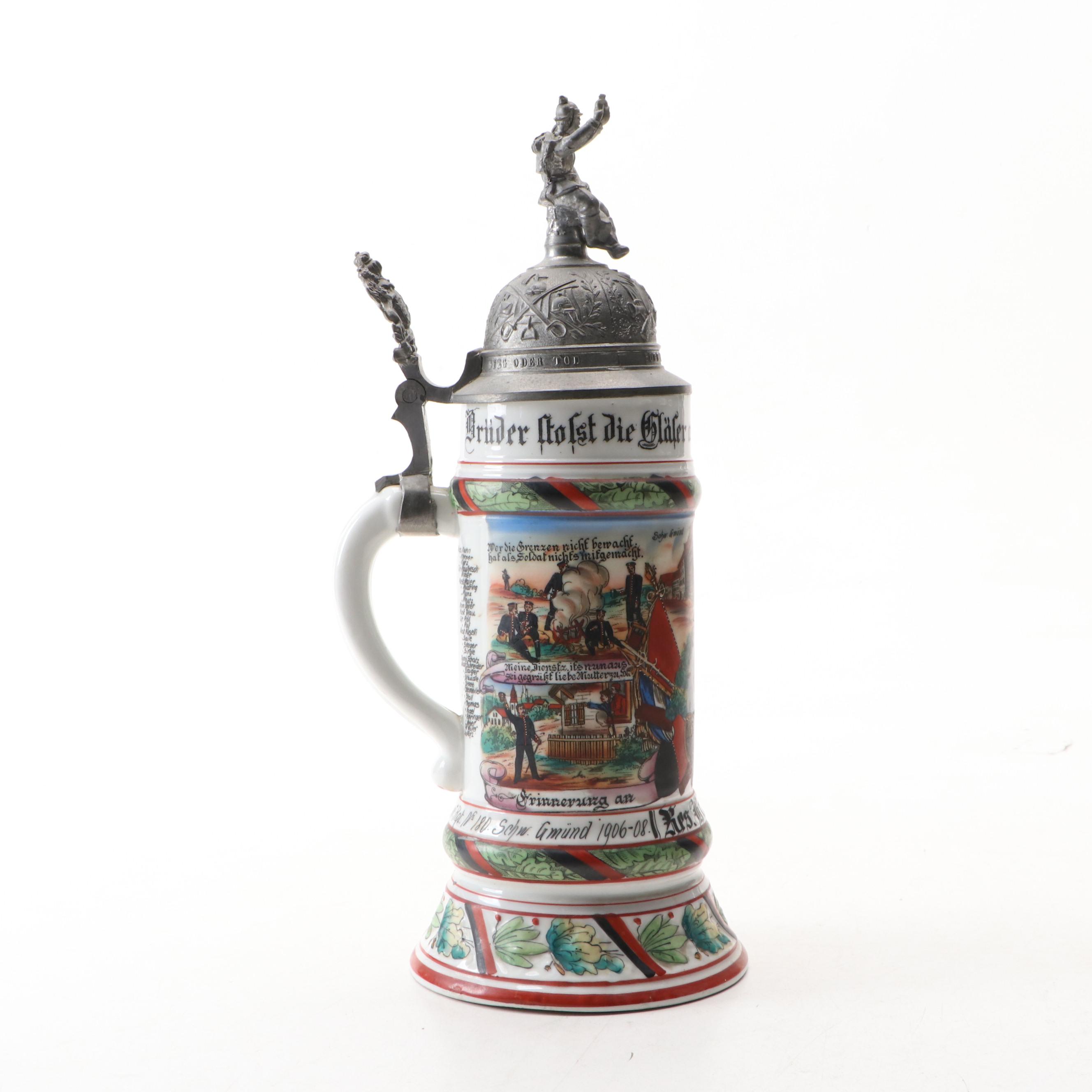 Mettlach, Cremer and Other Earthenware German Steins with Pewter Lids