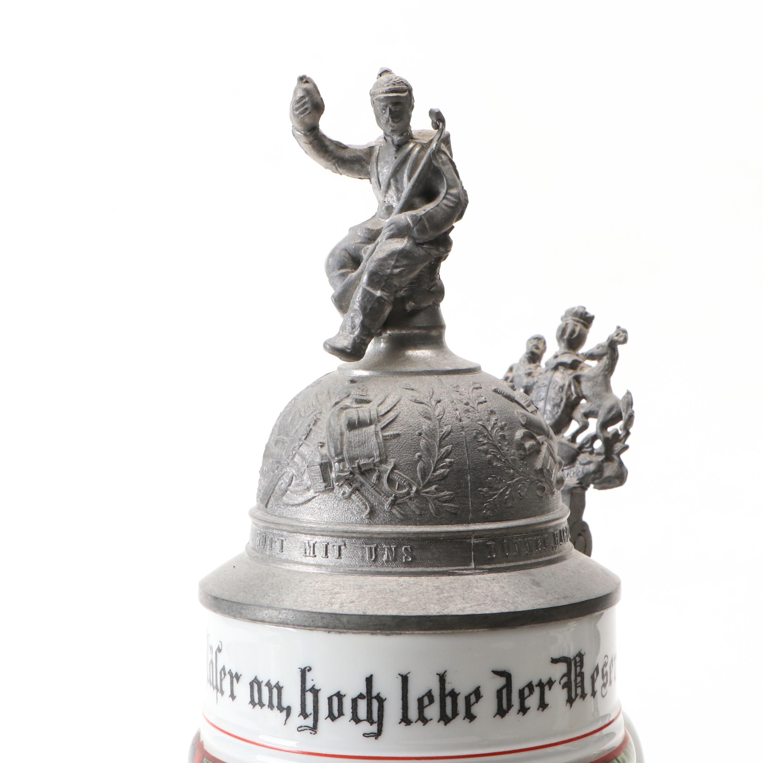 Mettlach, Cremer and Other Earthenware German Steins with Pewter Lids