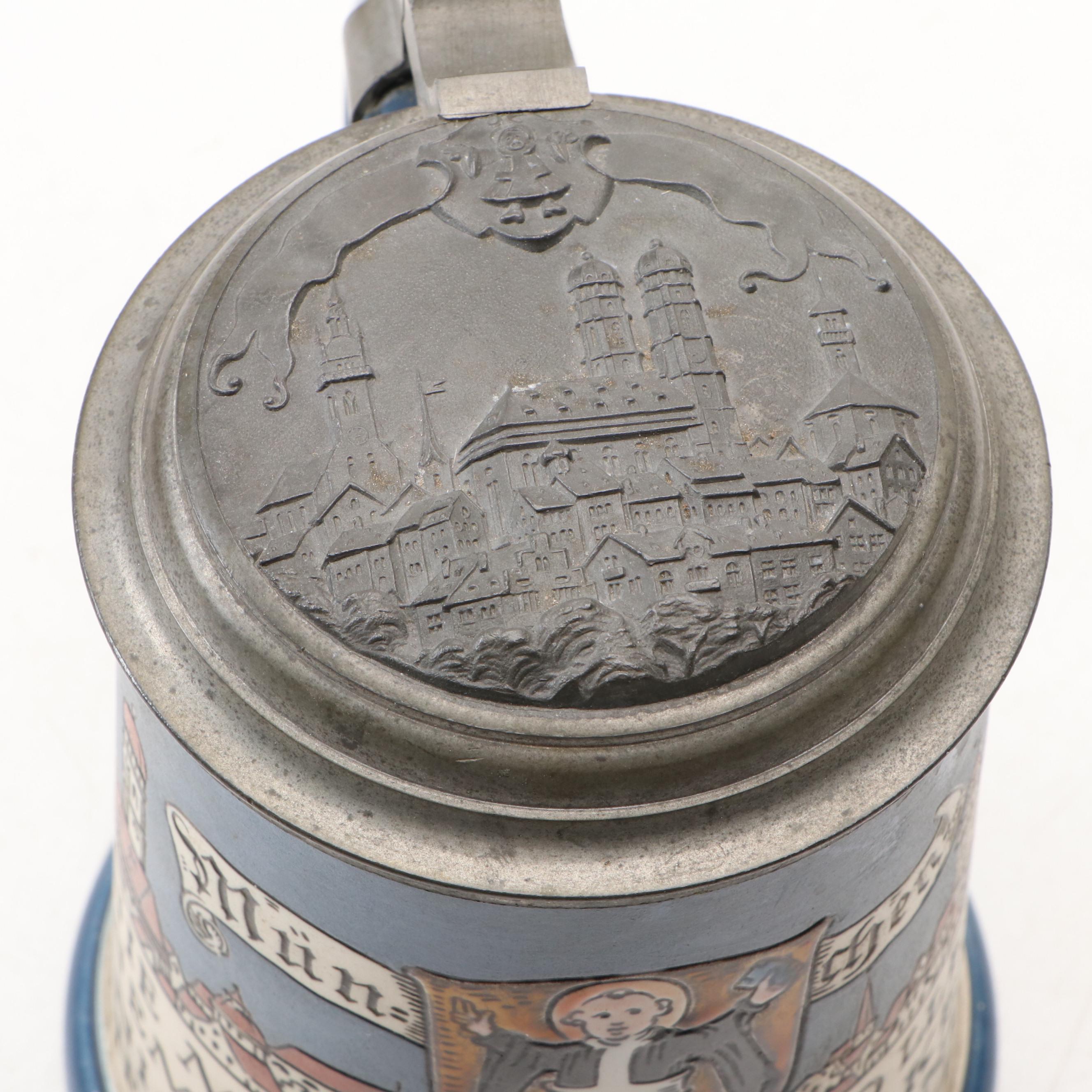 Mettlach, Cremer and Other Earthenware German Steins with Pewter Lids