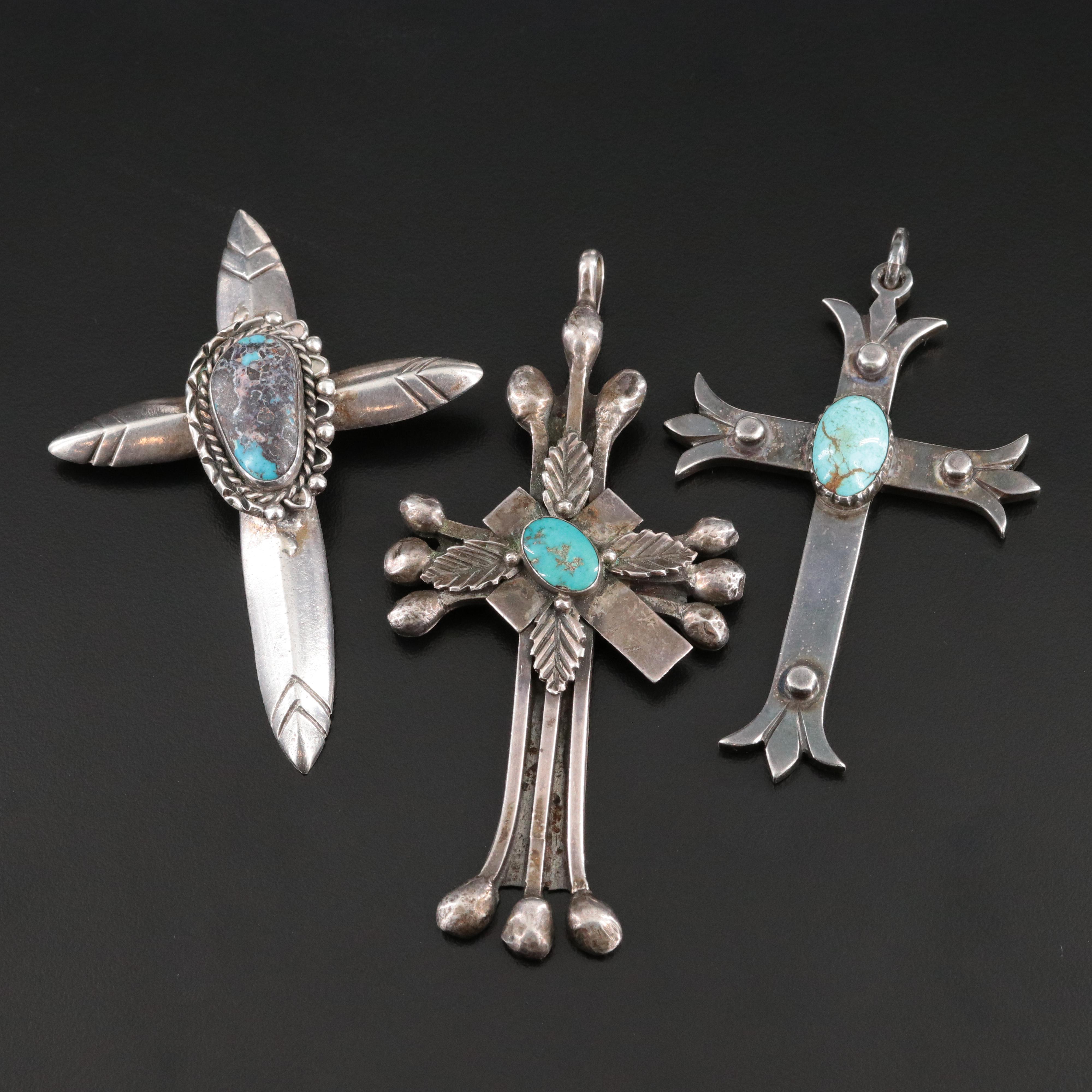 Southwestern 950 Silver & Sterling Turquoise Crosses Including Signed