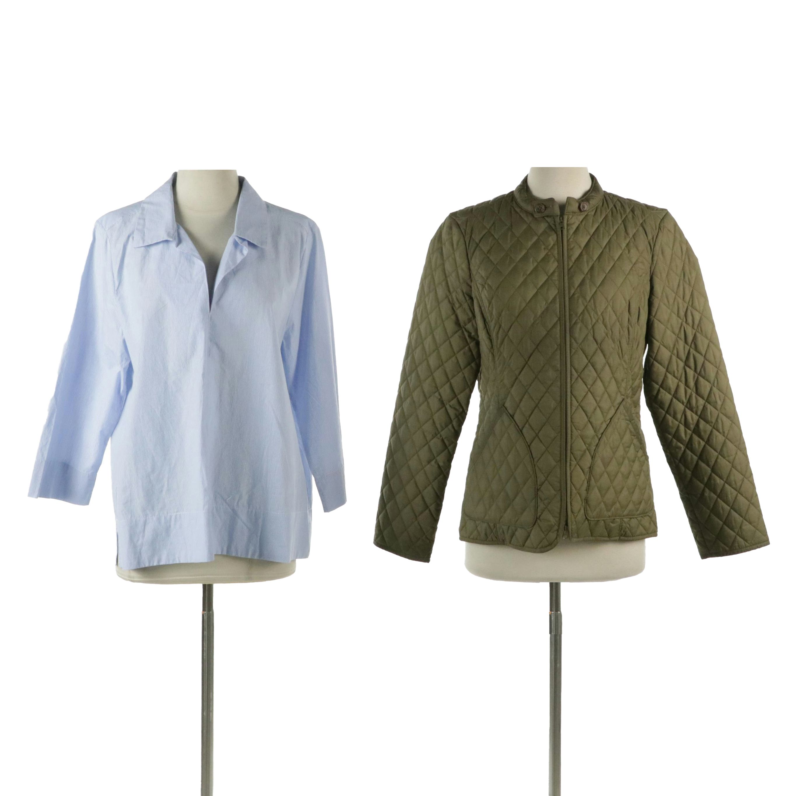 Tuckernuck Micro Striped Cotton Blouse, Banana Republic Quilted Nylon Zip Jacket