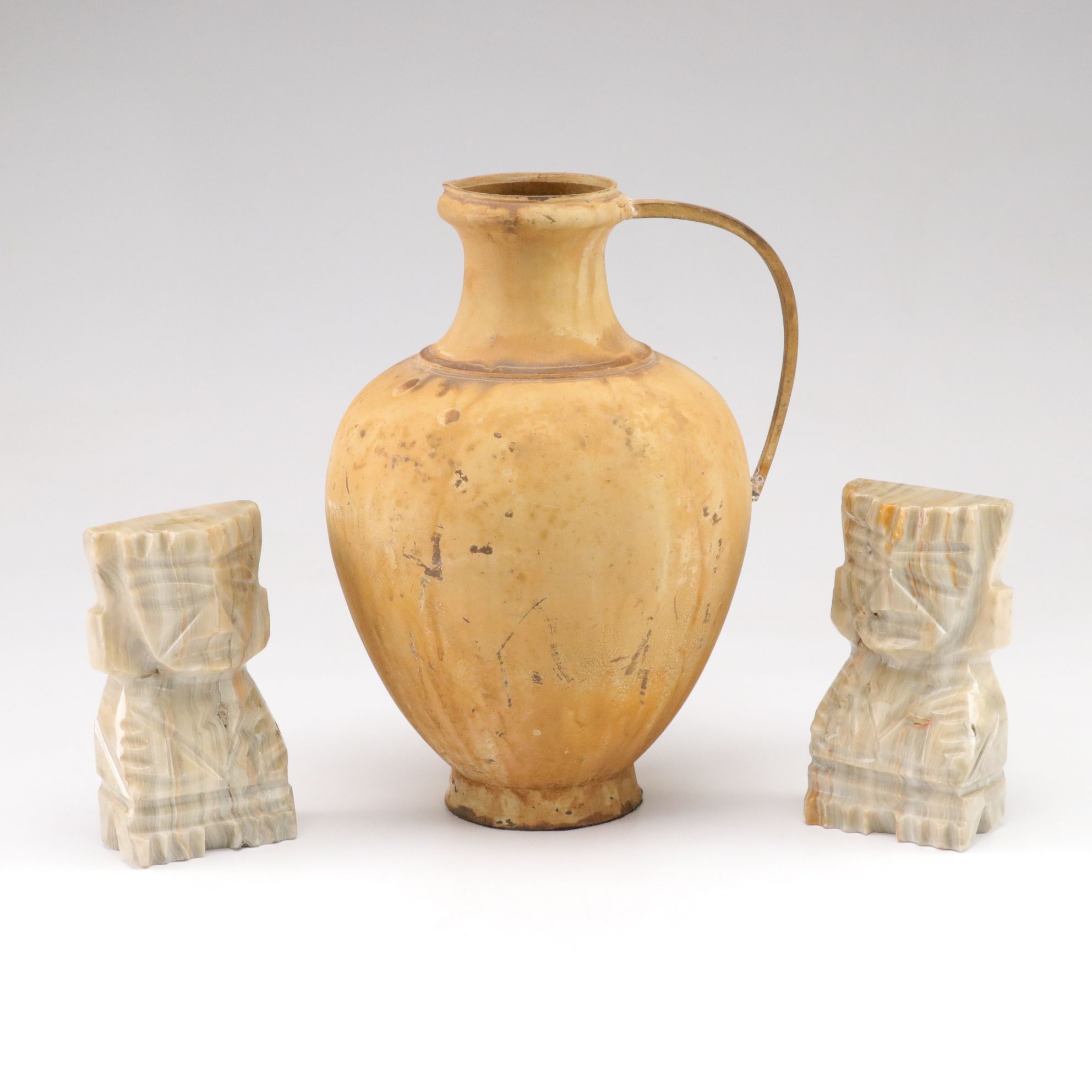 Carved Banded Calcite Aztec Bookends & Antiqued Pitcher
