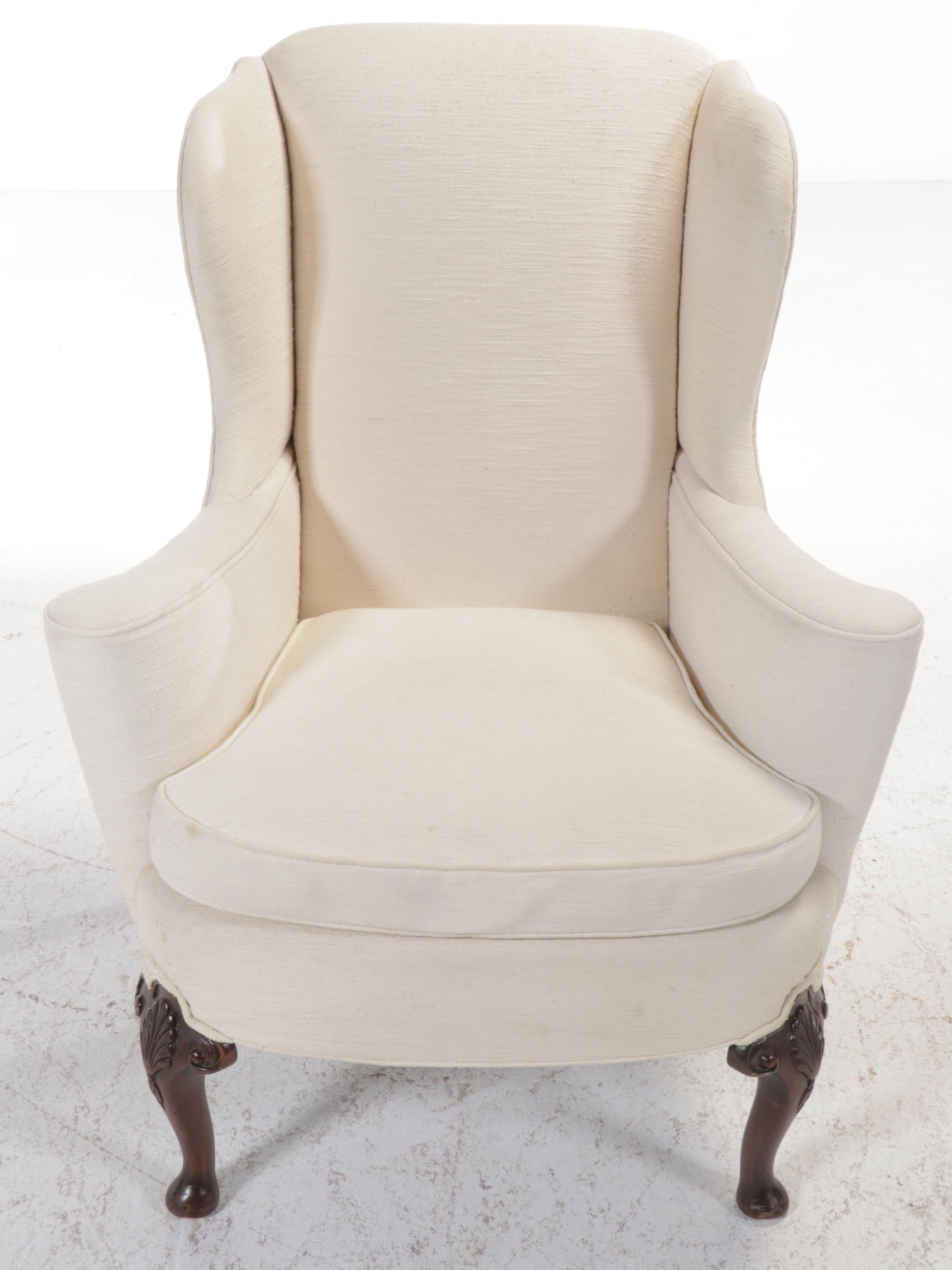Queen Anne Style Fabric Upholstered Wingback Armchair, Late 20th Century