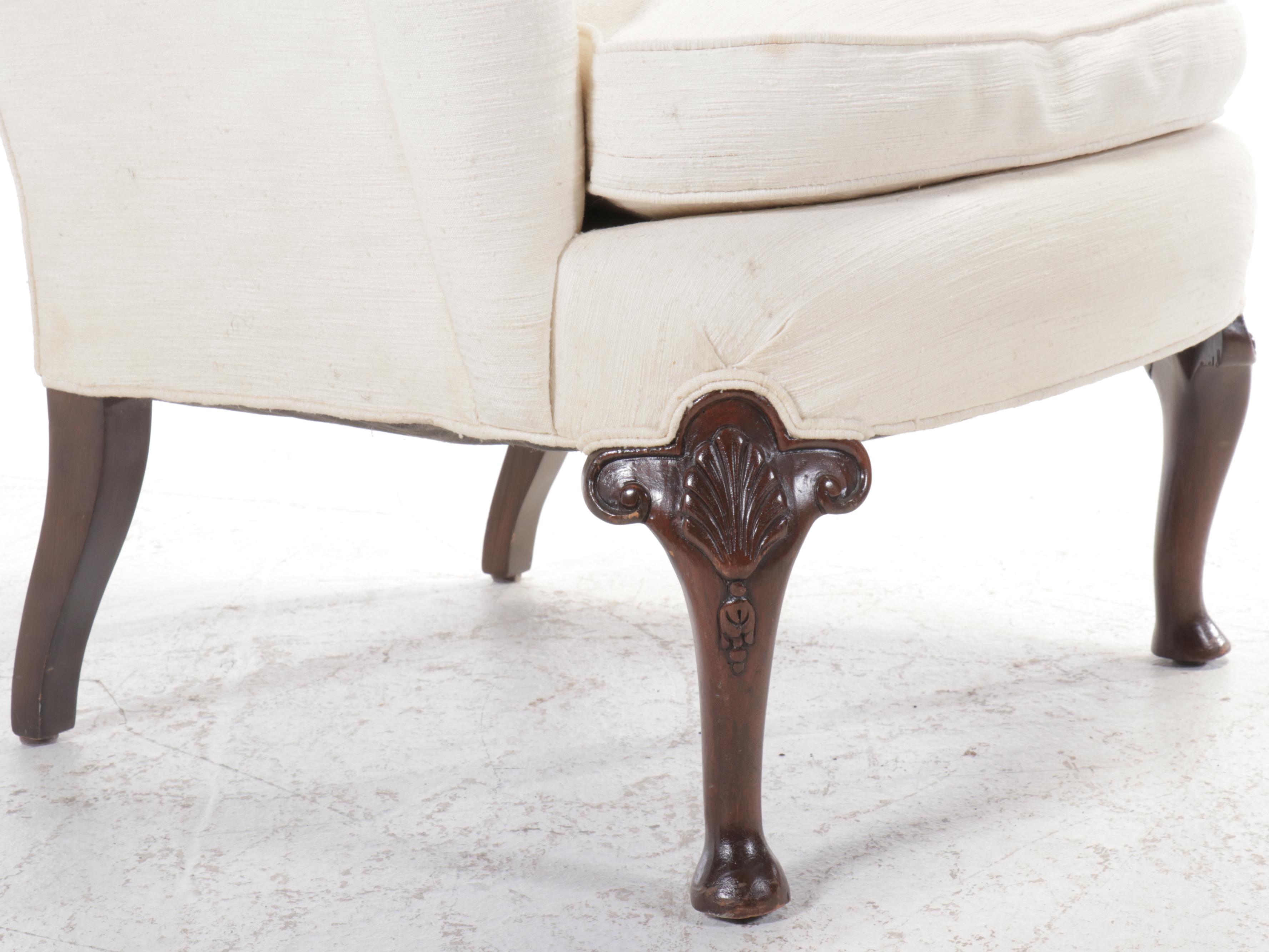 Queen Anne Style Fabric Upholstered Wingback Armchair, Late 20th Century