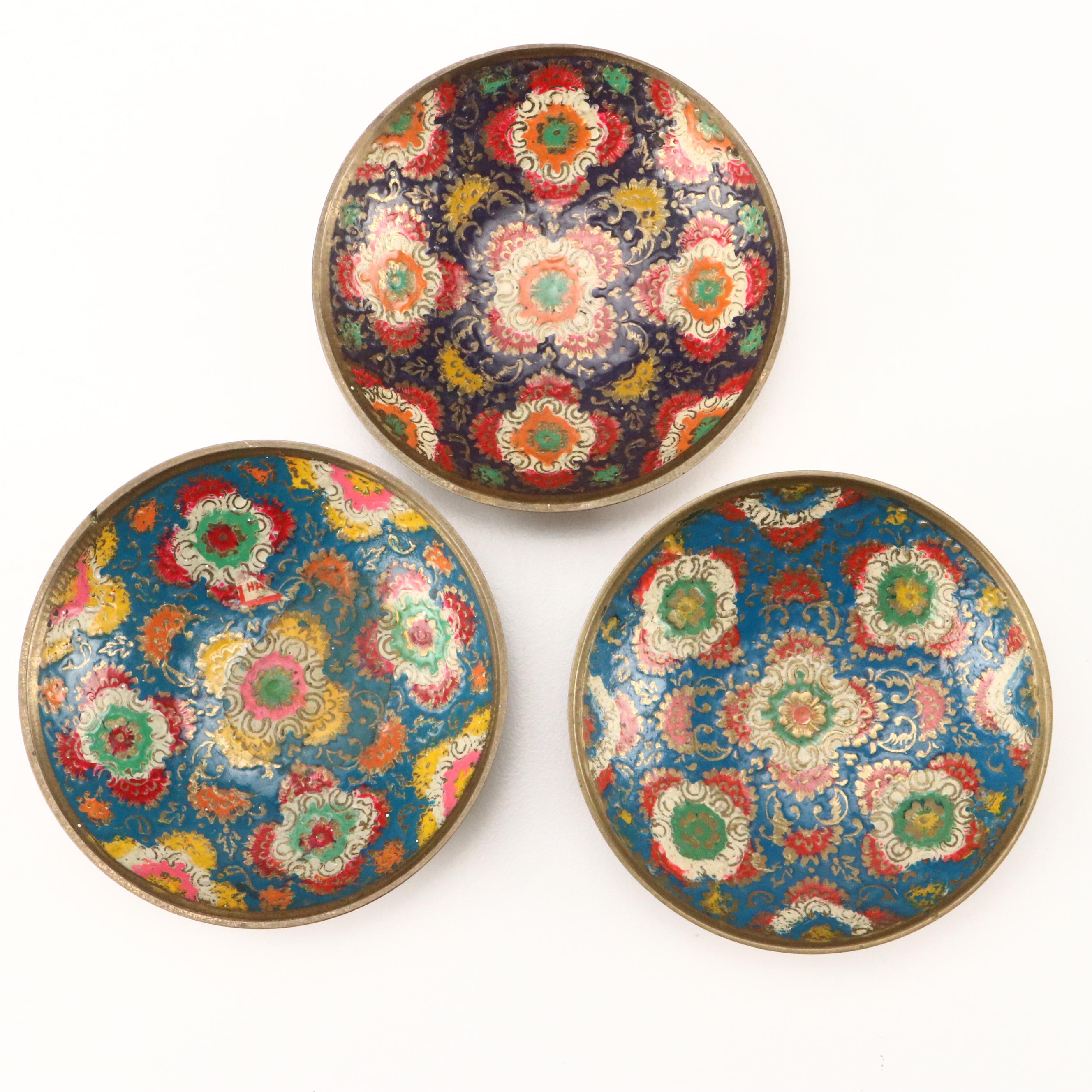 Indian Enamel Plates and Brass Cricket Box with Other Décor