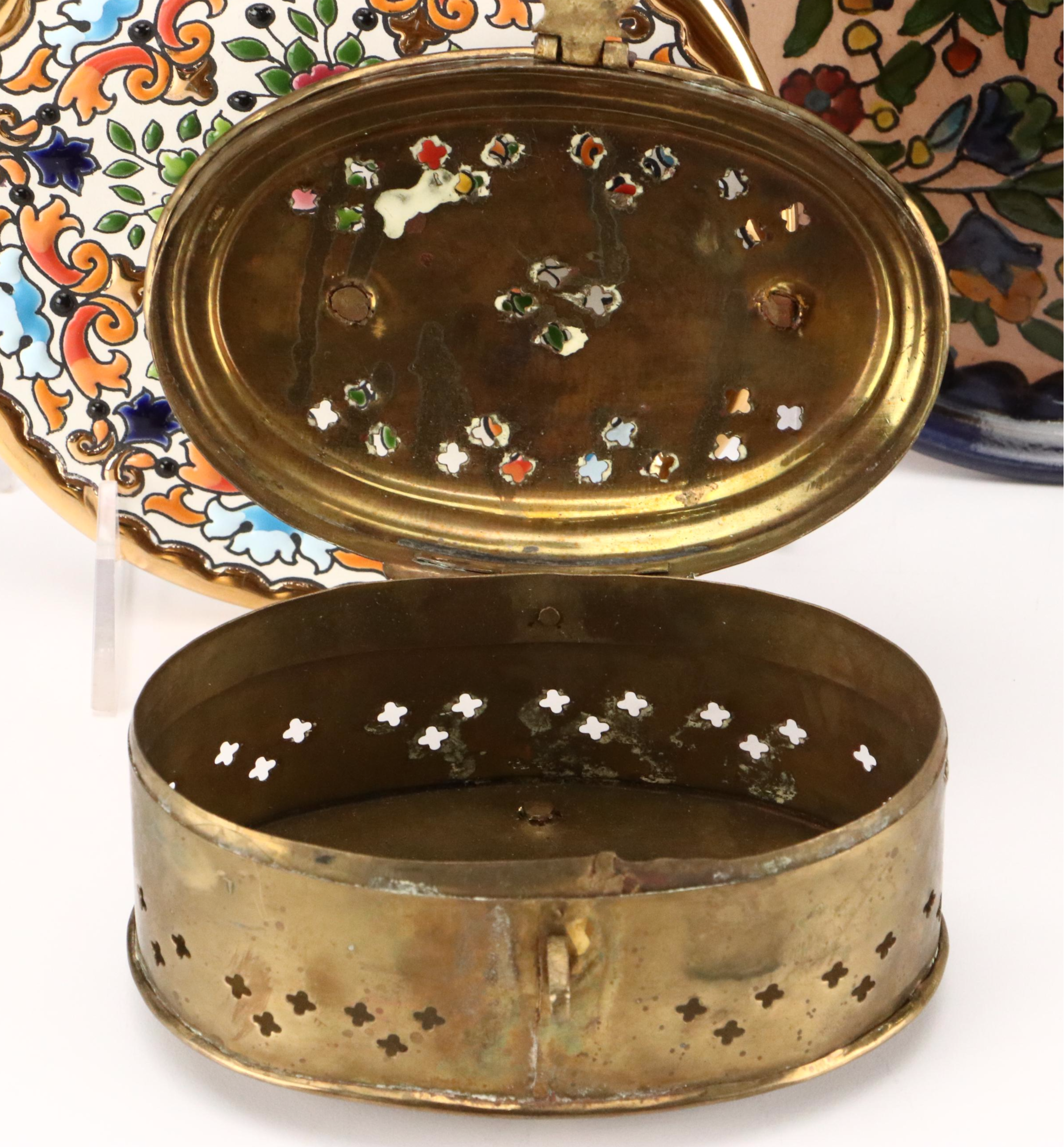 Indian Enamel Plates and Brass Cricket Box with Other Décor