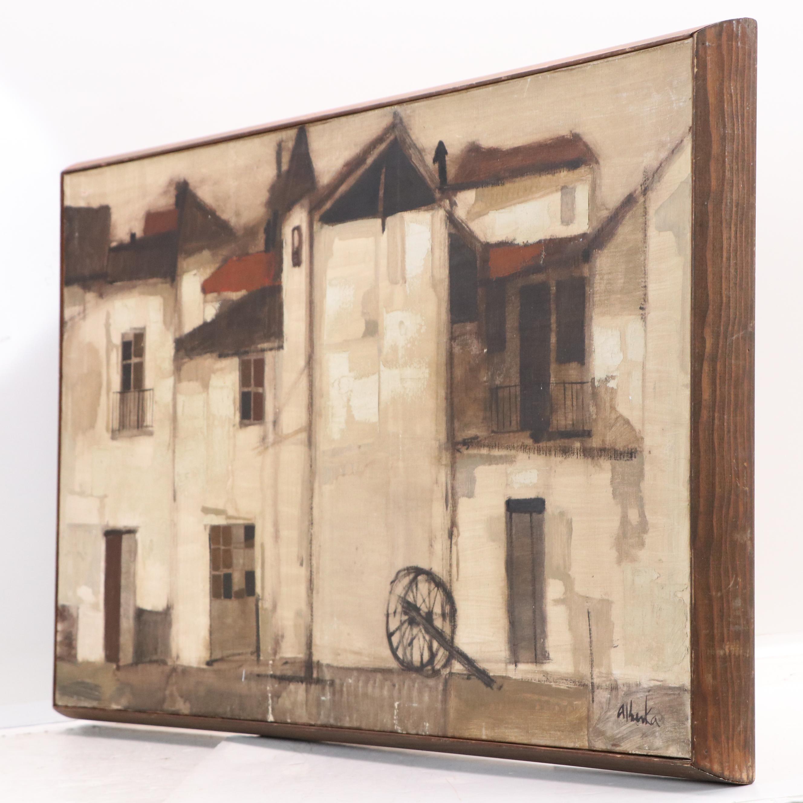 Gabriel Alberca Spanish Architectural Landscape Oil Painting, Circa 1960