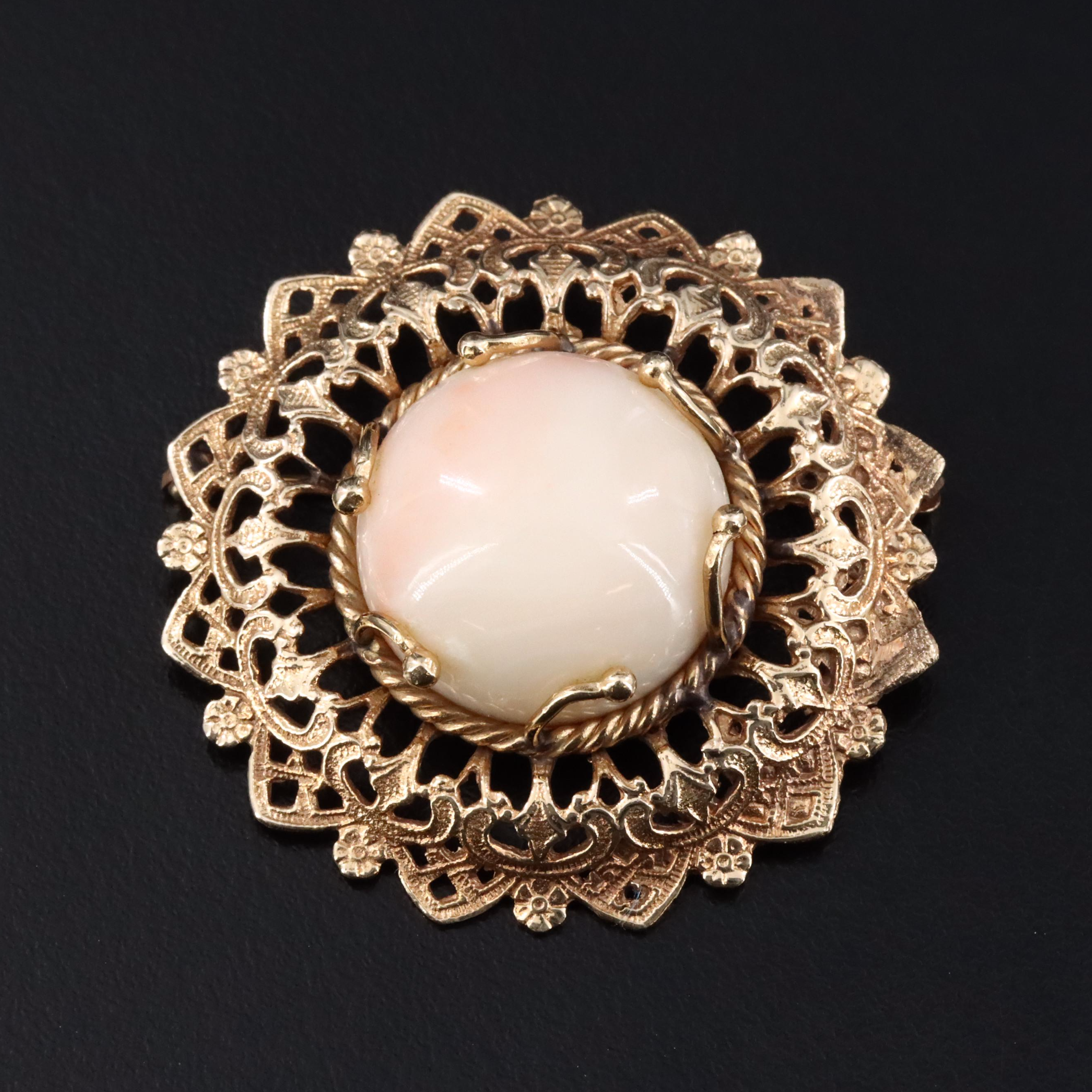 14K Angel Skin Coral Floral Brooch