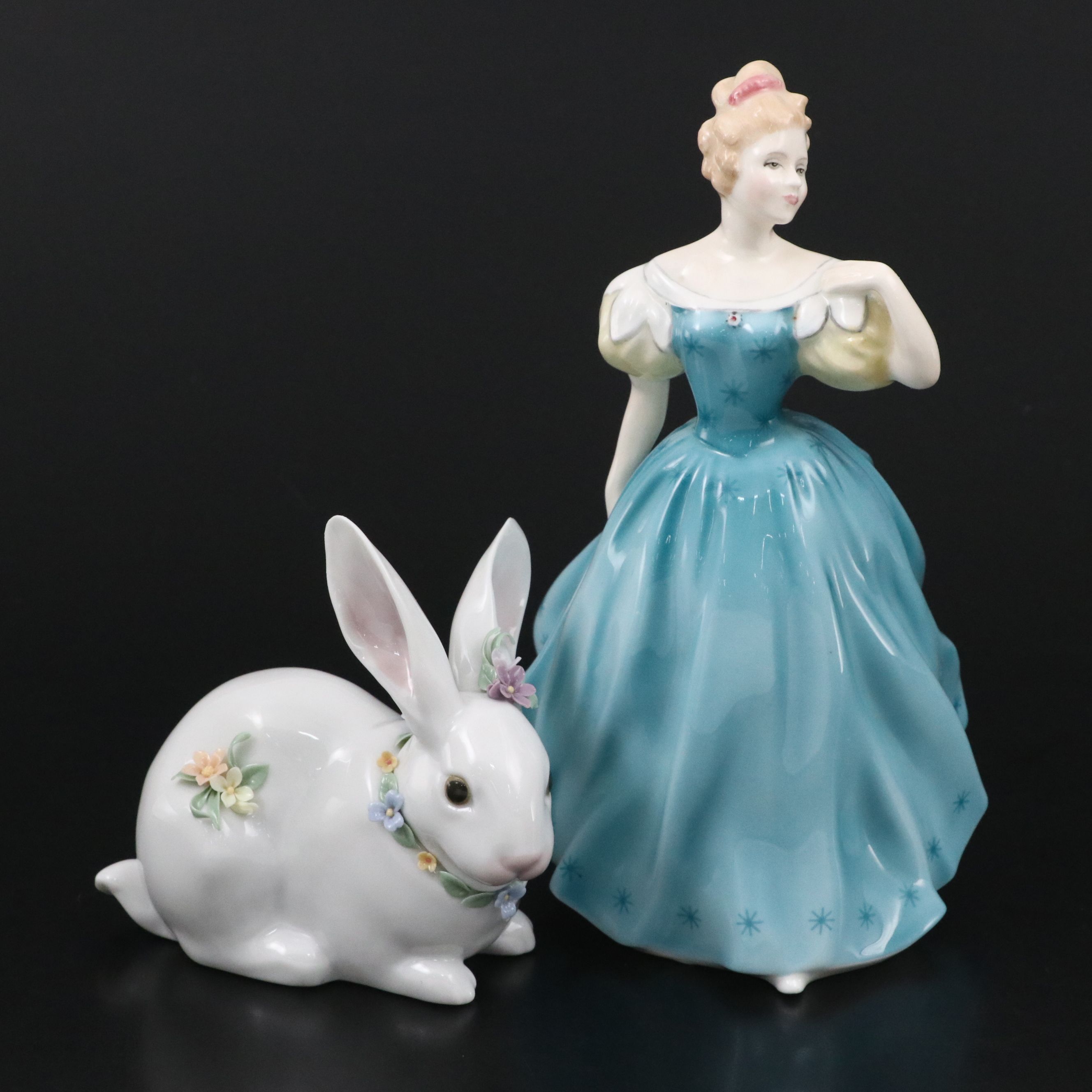 Lladró "Attentive Bunny with Flowers" and Royal Doulton "Enchantment" Figurines