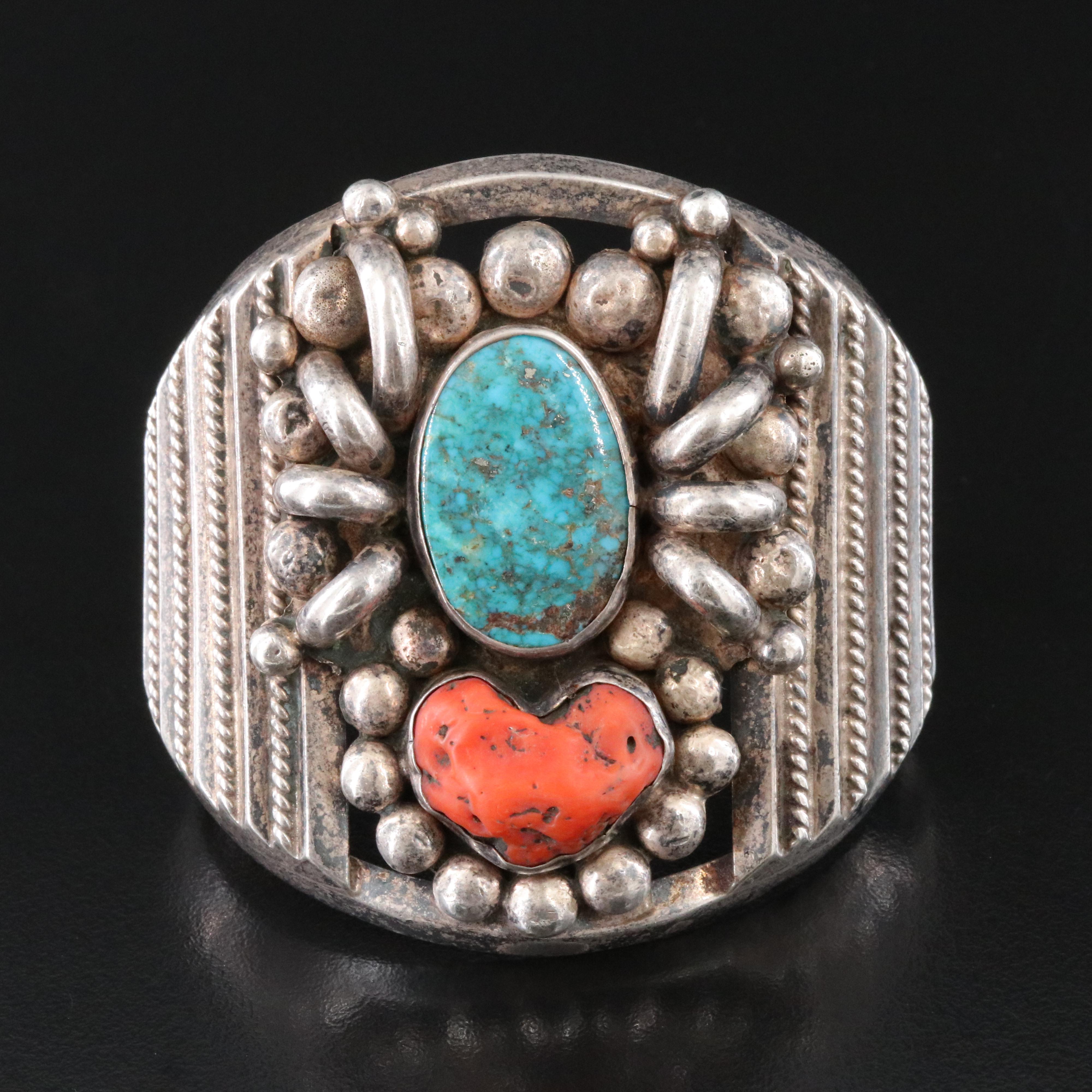 Southwestern 950 Silver Turquoise and Coral Cuff Bracelet