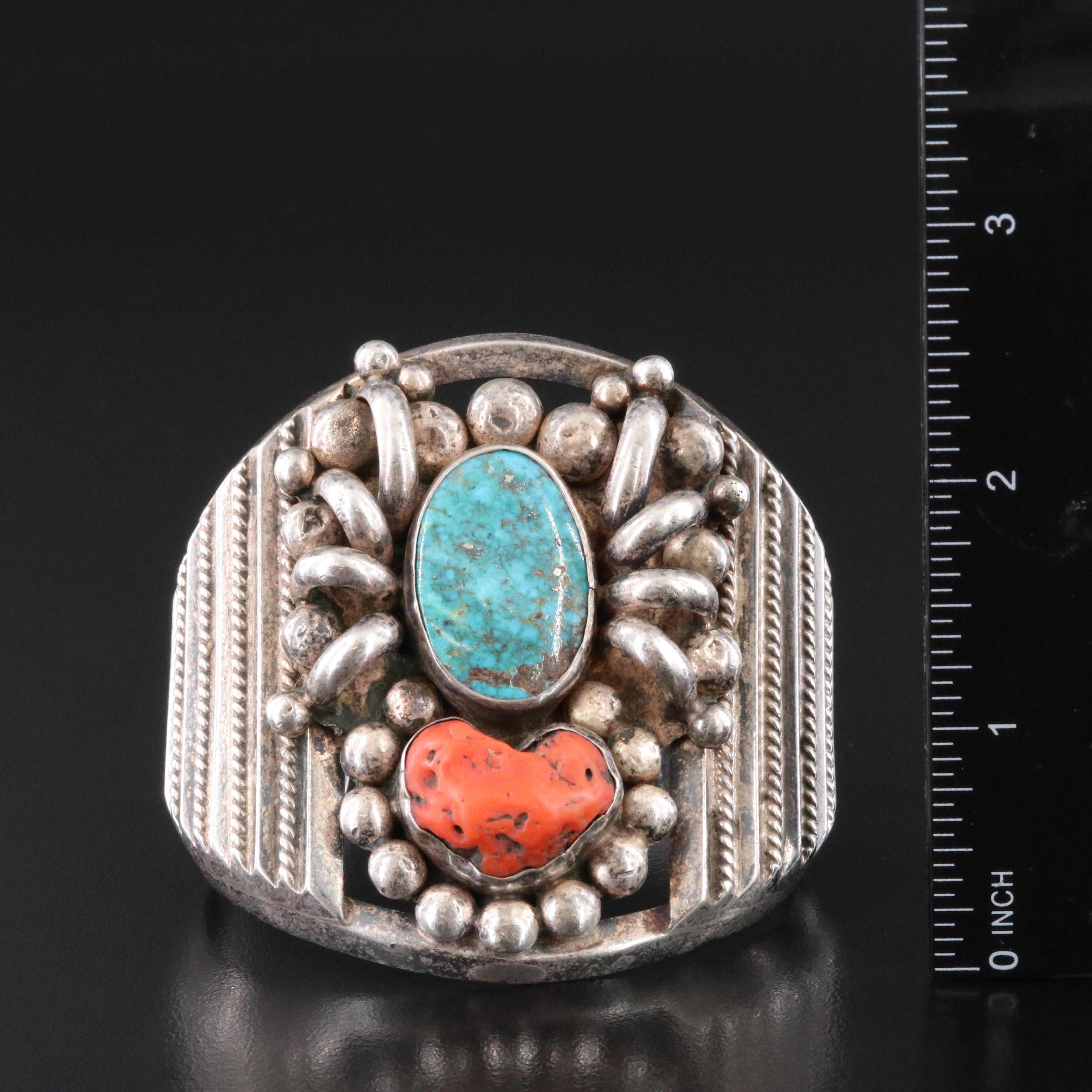 Southwestern 950 Silver Turquoise and Coral Cuff Bracelet