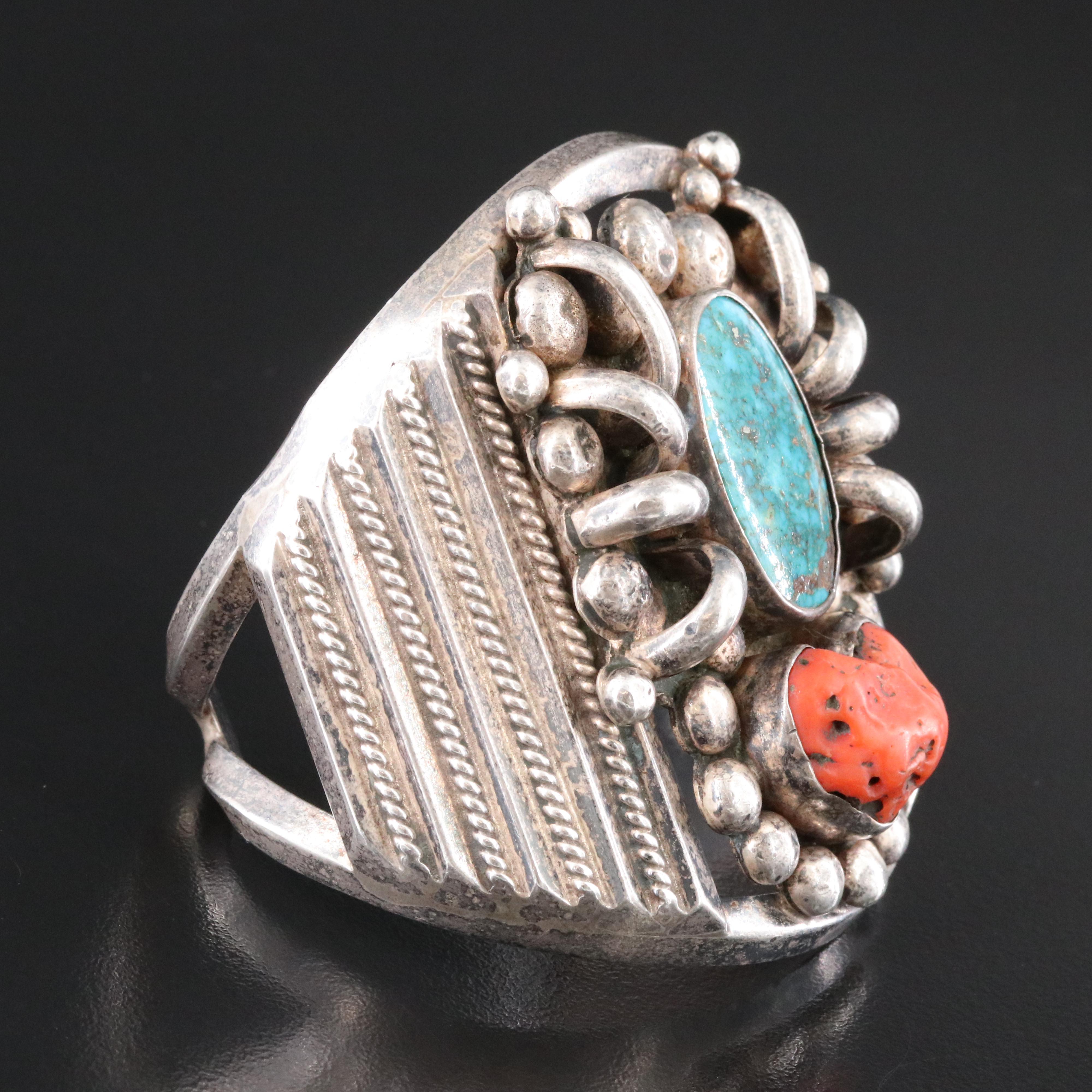 Southwestern 950 Silver Turquoise and Coral Cuff Bracelet
