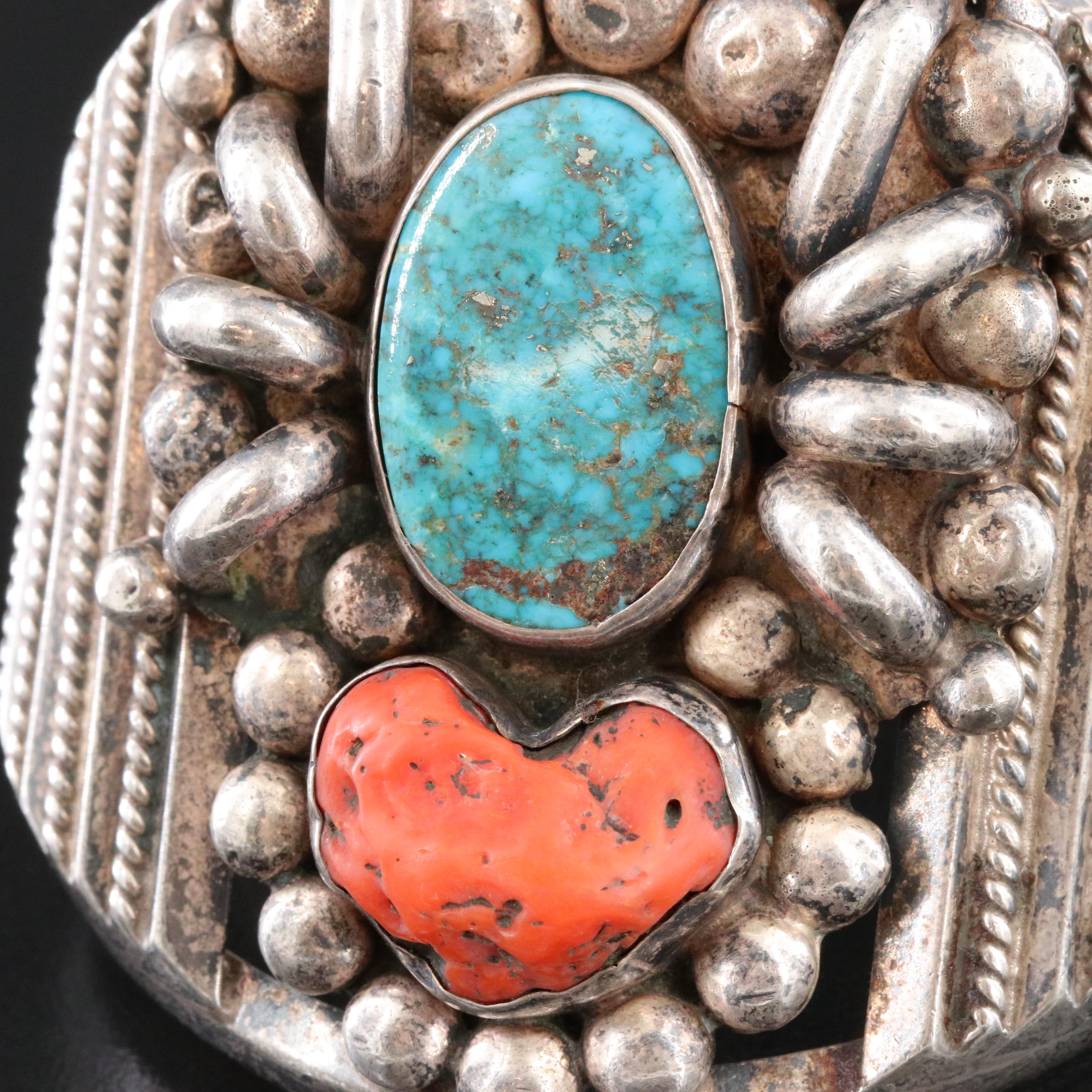 Southwestern 950 Silver Turquoise and Coral Cuff Bracelet