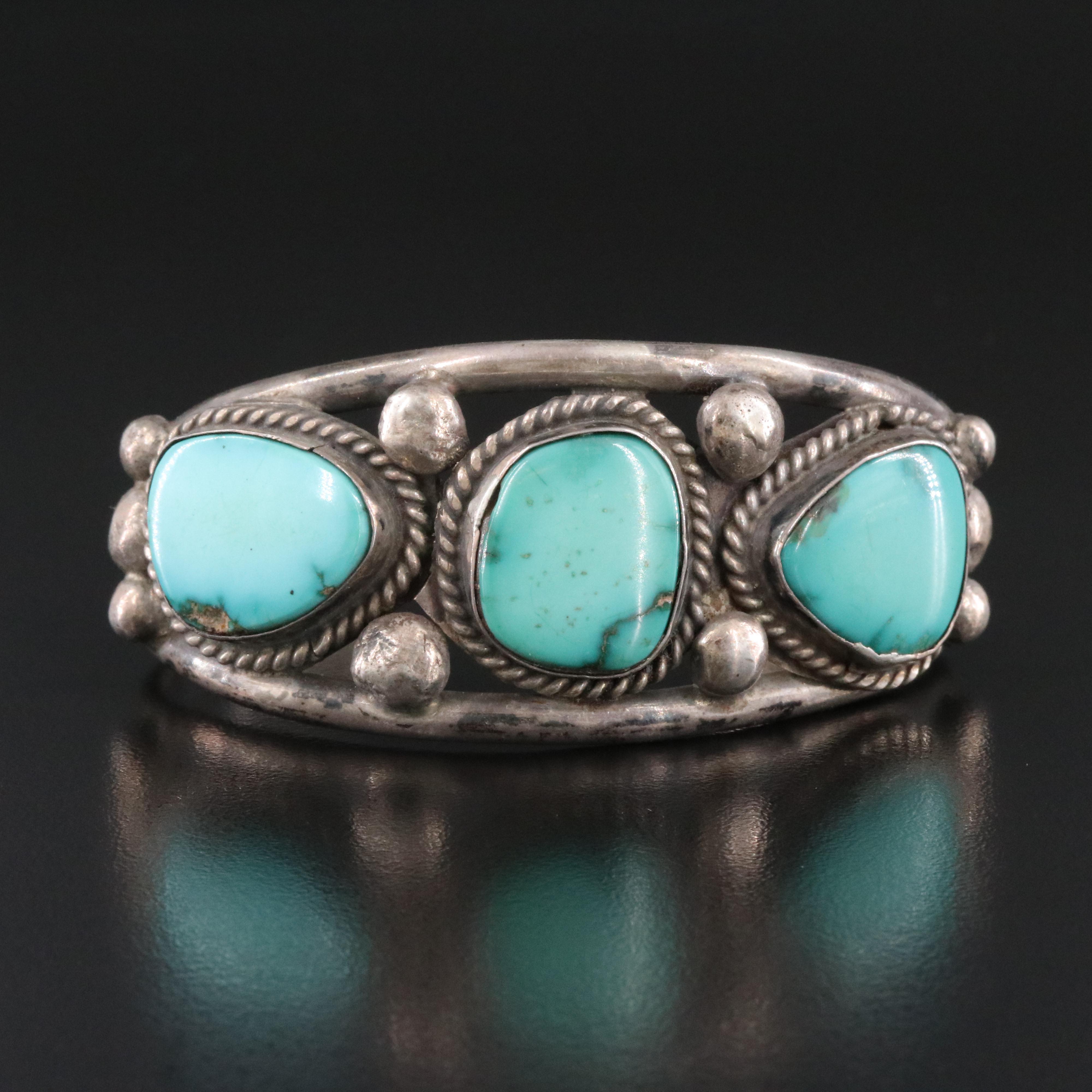 Southwestern Signed Sterling Turquoise Cuff Bracelet
