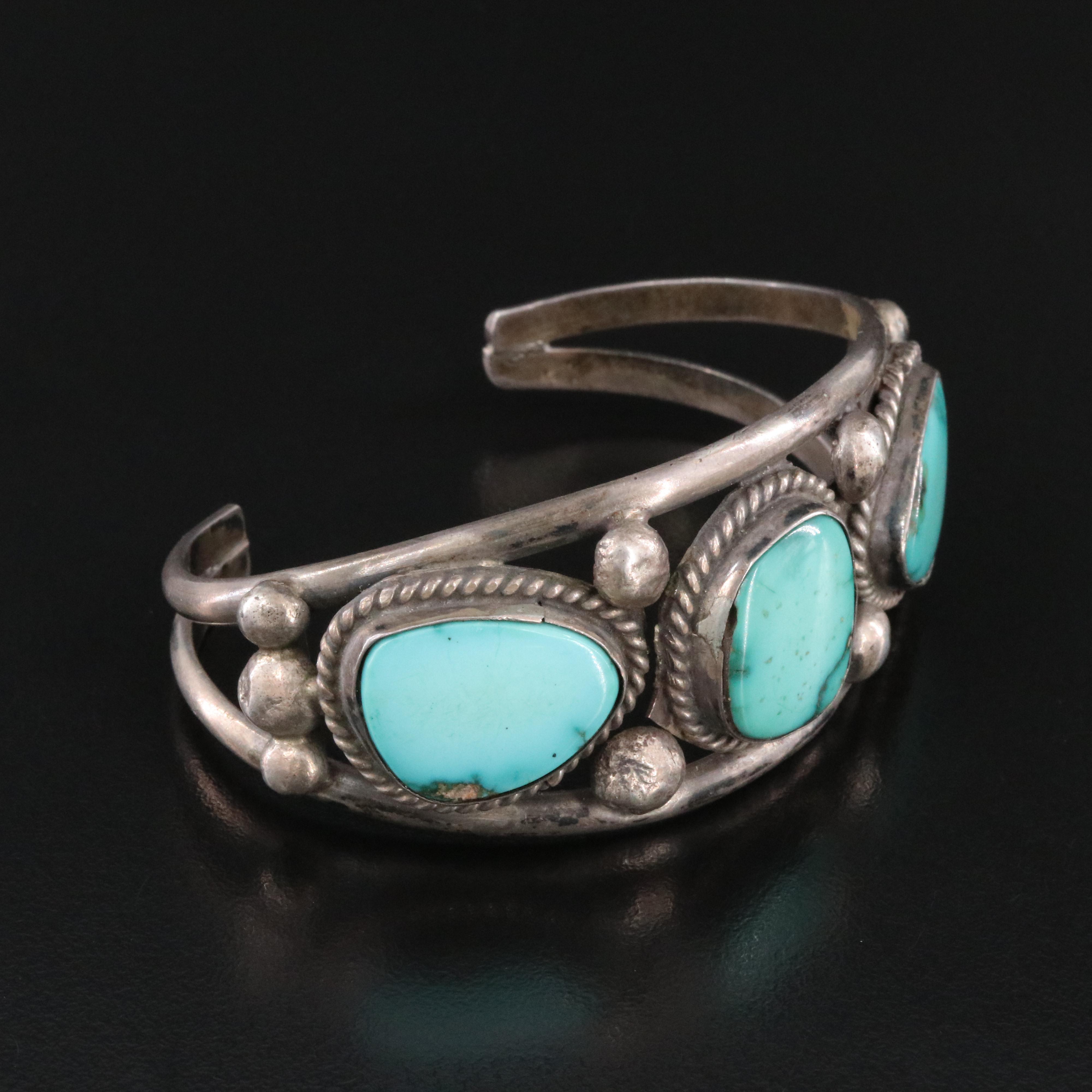 Southwestern Signed Sterling Turquoise Cuff Bracelet