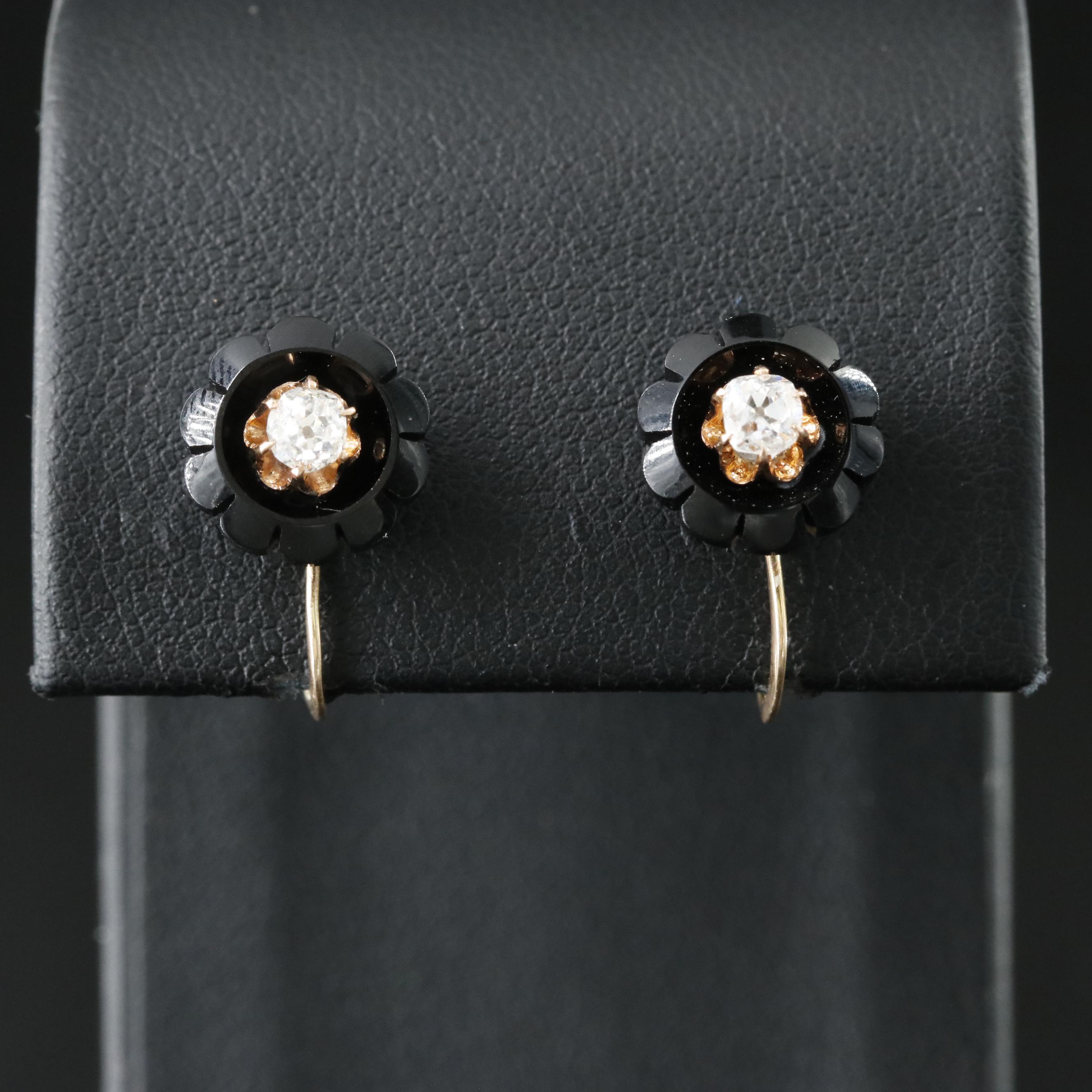 Victorian 10K 0.29 CTW Diamond and Black Onyx Flower Earrings