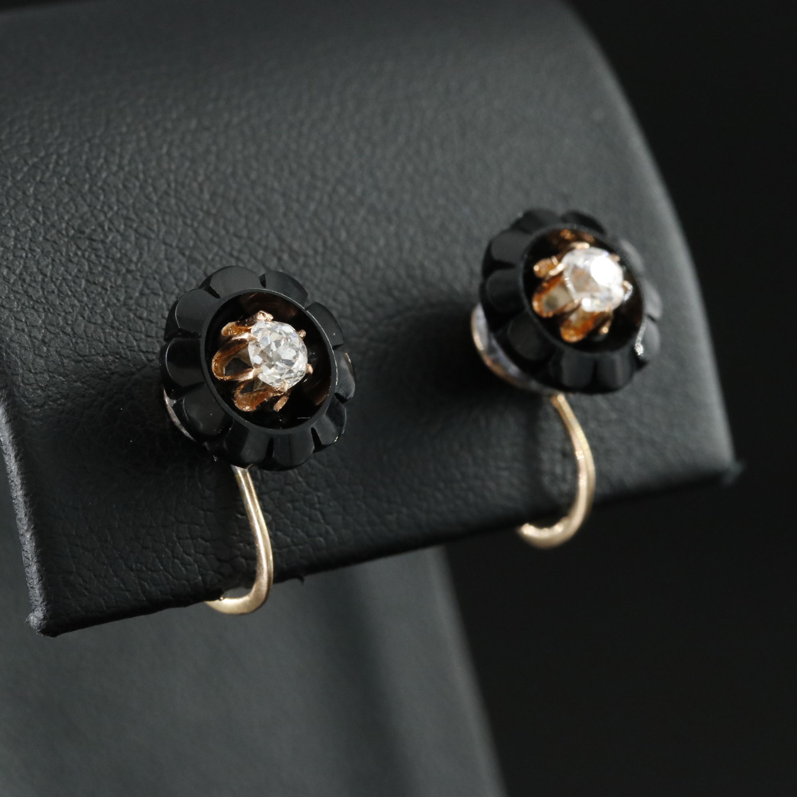 Victorian 10K 0.29 CTW Diamond and Black Onyx Flower Earrings
