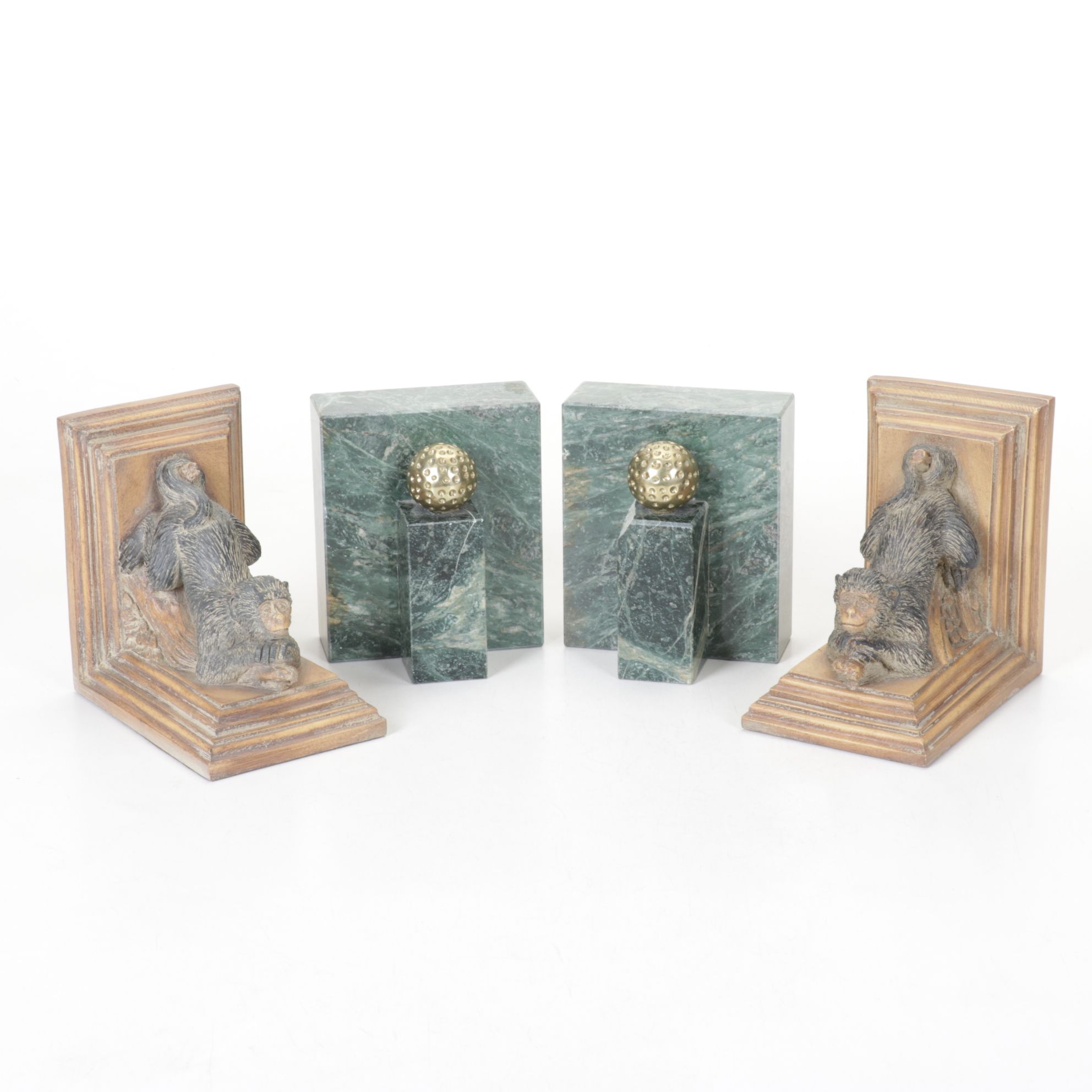 Marble & Gilt Golf Bookends with Curious Monkey Bookends