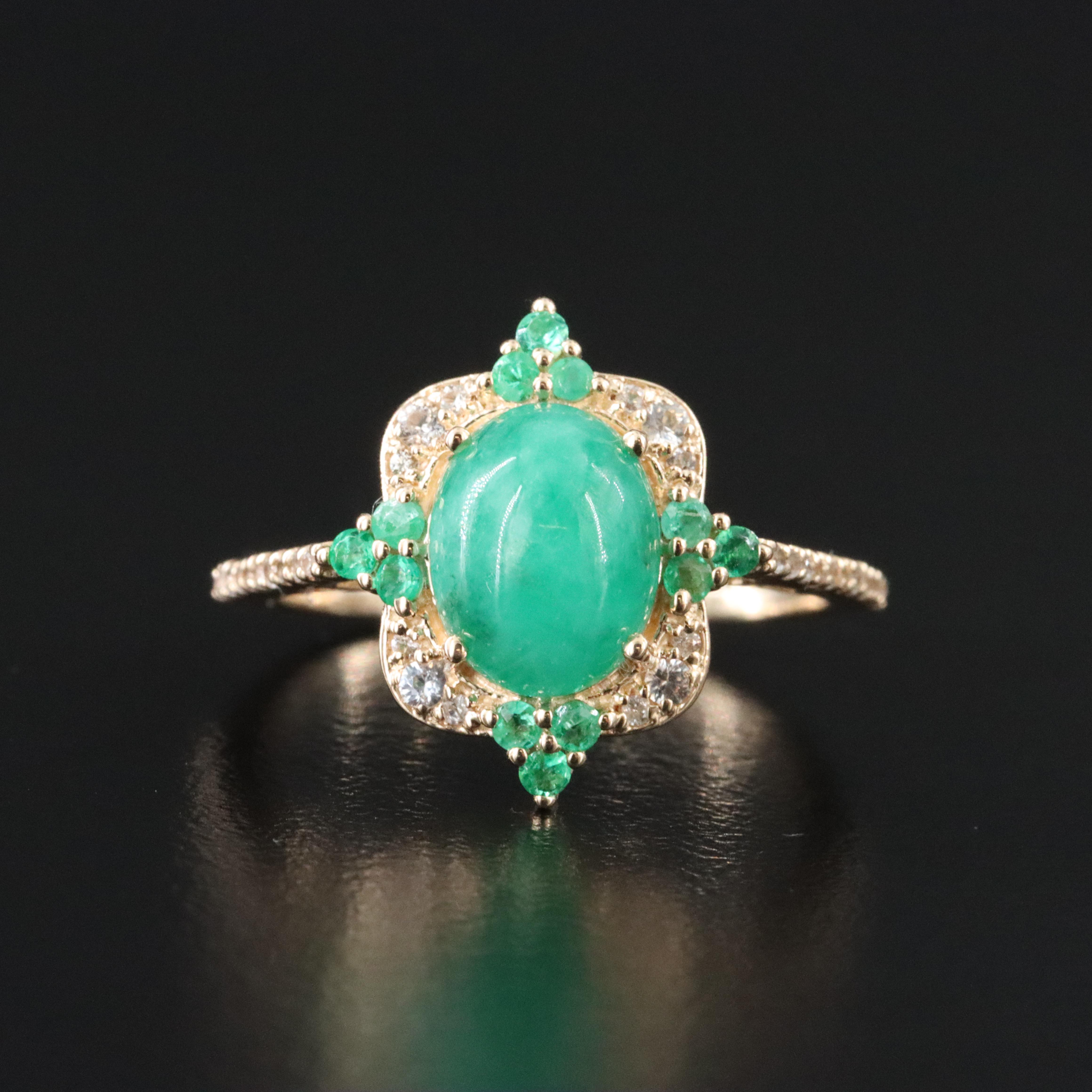 14K 2.07 CT Emerald, White Sapphire and White Topaz Ring