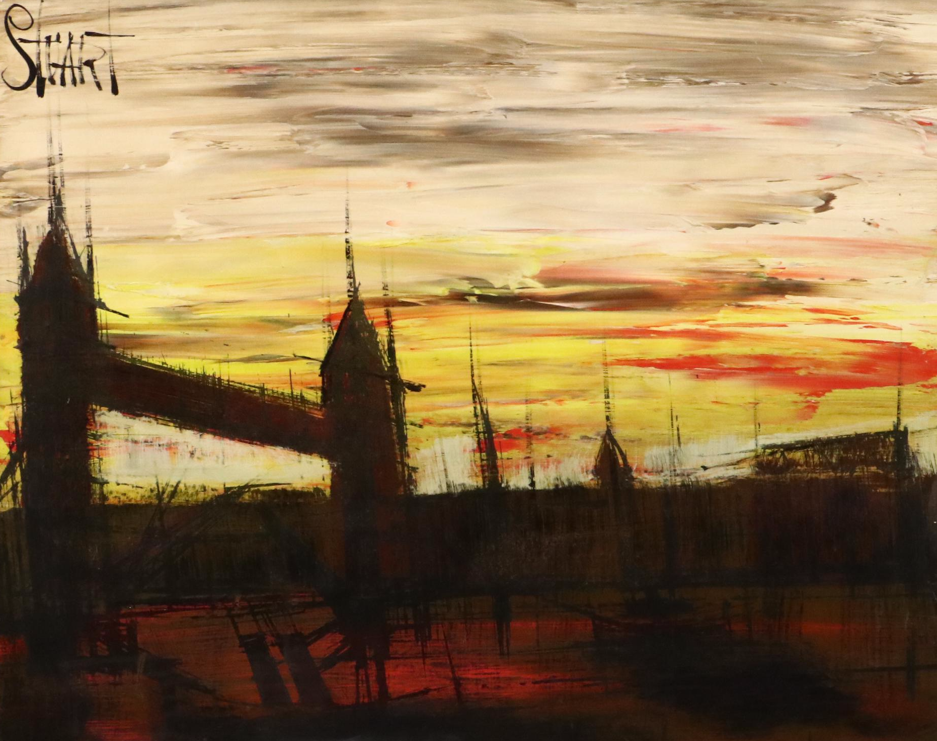 Modernist Oil Painting of Tower Bridge at Sunset, Mid-20th Century