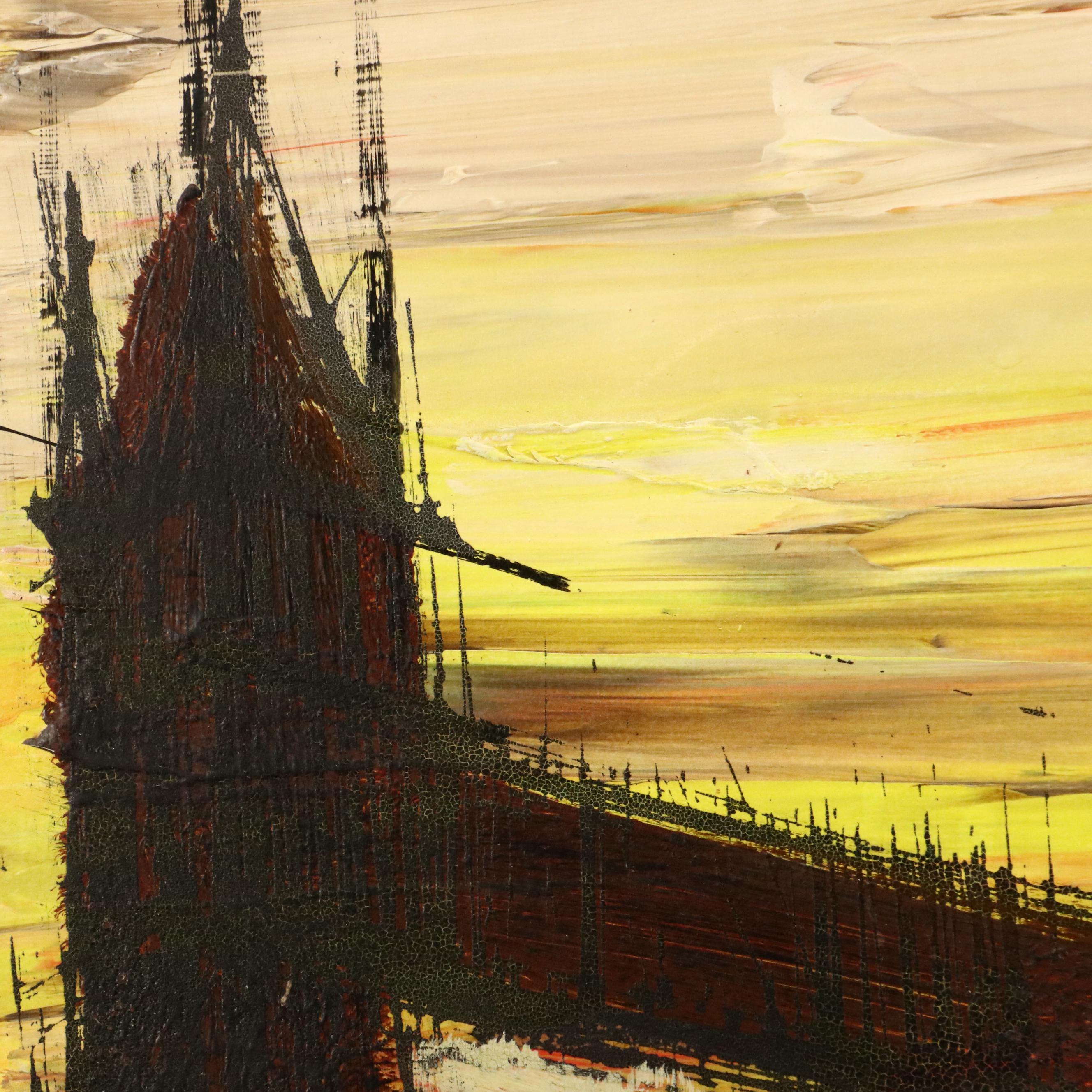 Modernist Oil Painting of Tower Bridge at Sunset, Mid-20th Century