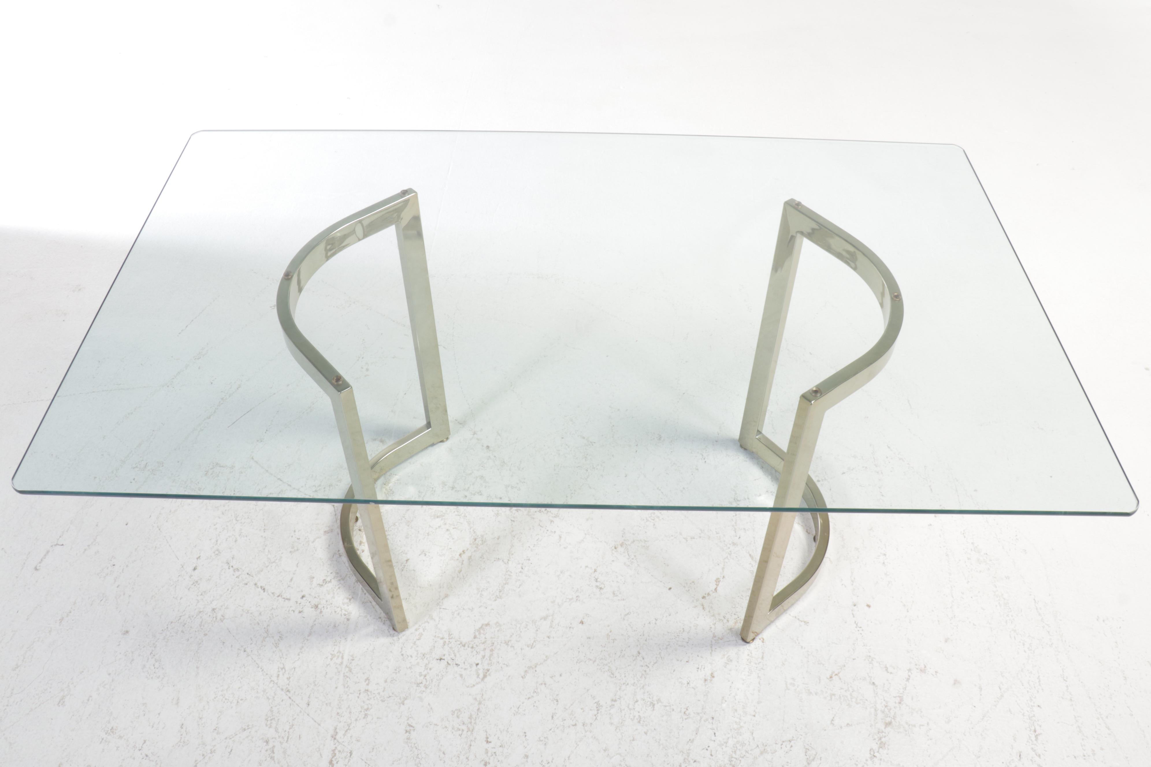 Postmodernist Brass Tone Metal and Glass Top Dining Table with Four Chairs