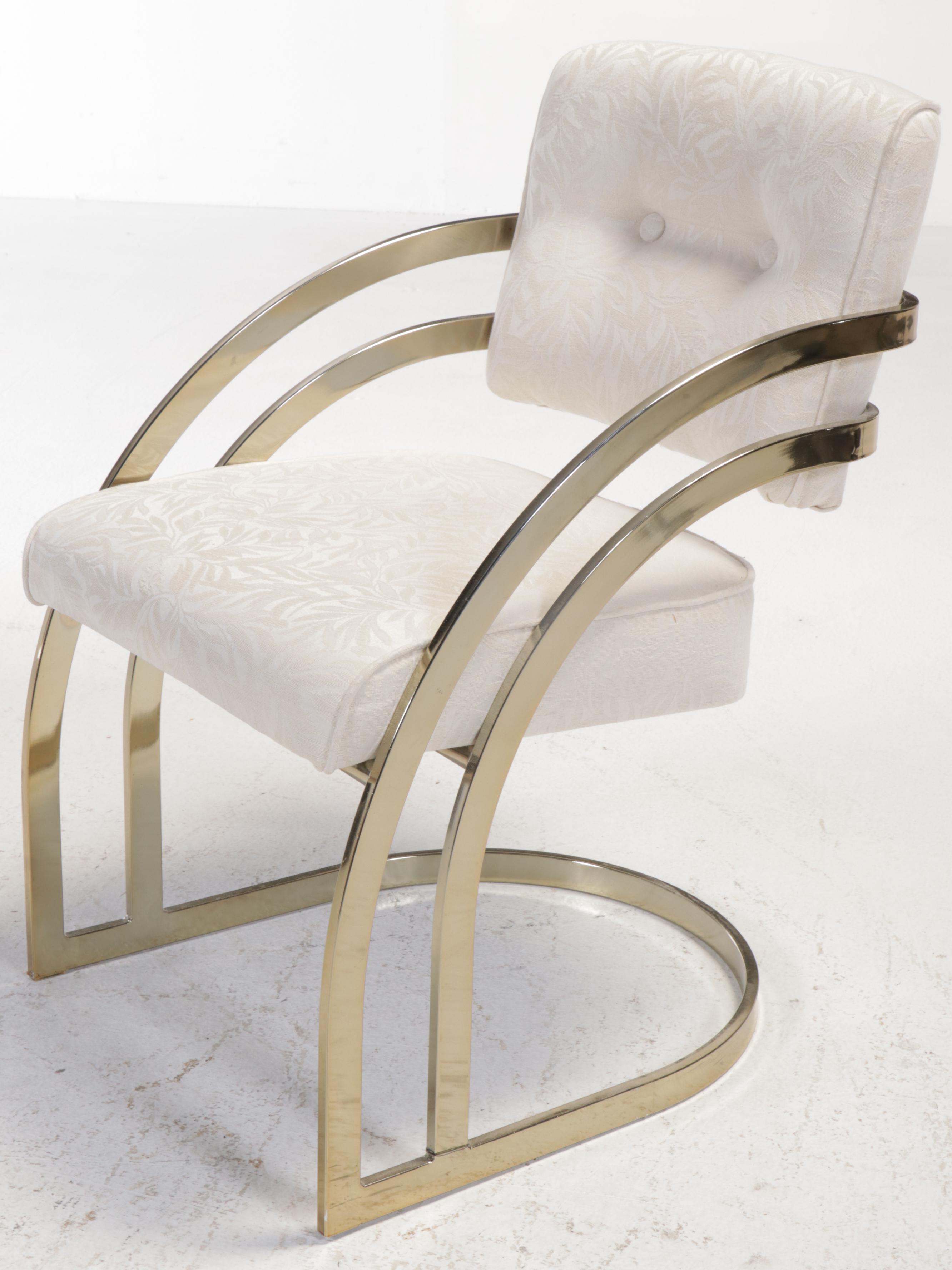 Postmodernist Brass Tone Metal and Glass Top Dining Table with Four Chairs