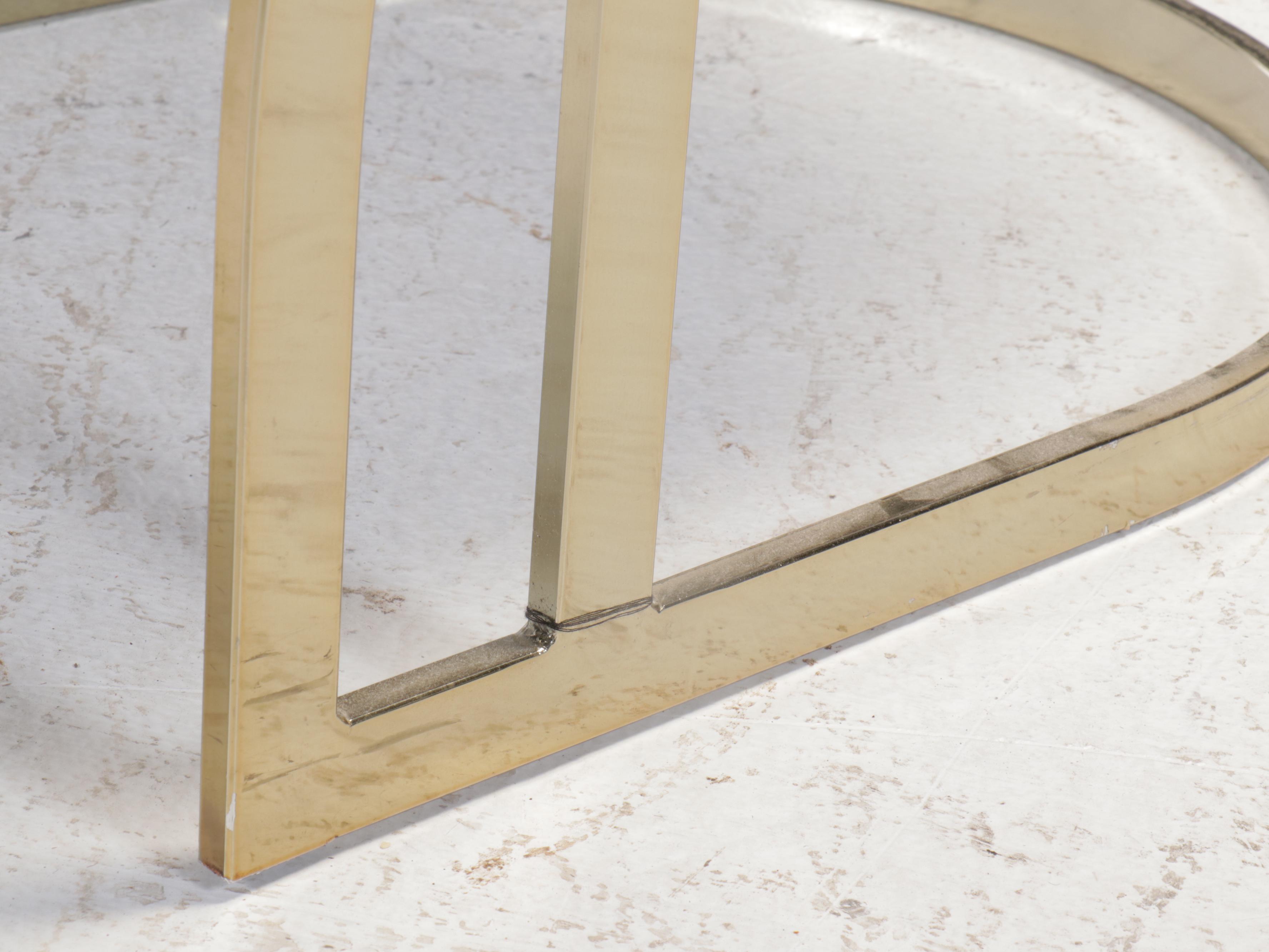 Postmodernist Brass Tone Metal and Glass Top Dining Table with Four Chairs