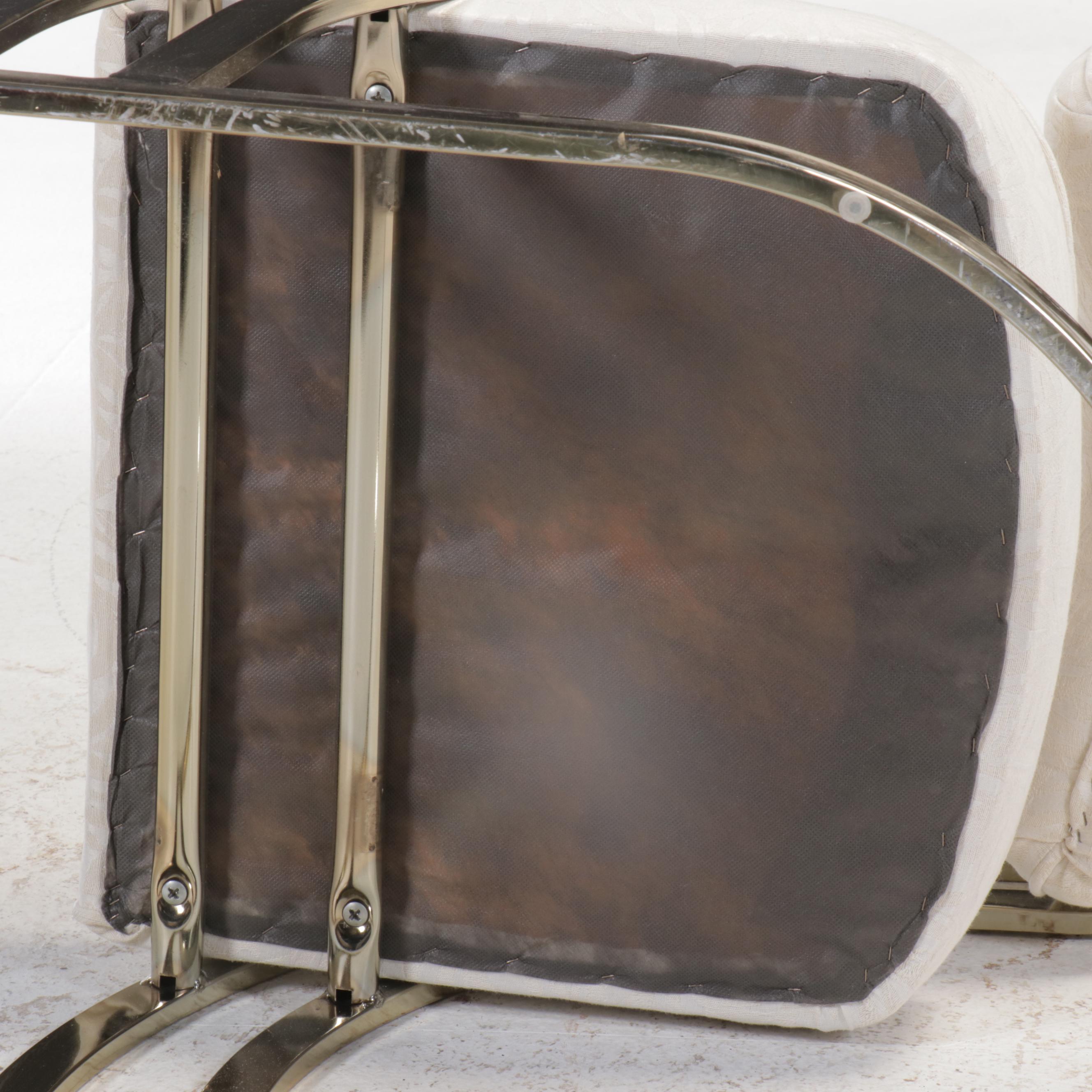 Postmodernist Brass Tone Metal and Glass Top Dining Table with Four Chairs