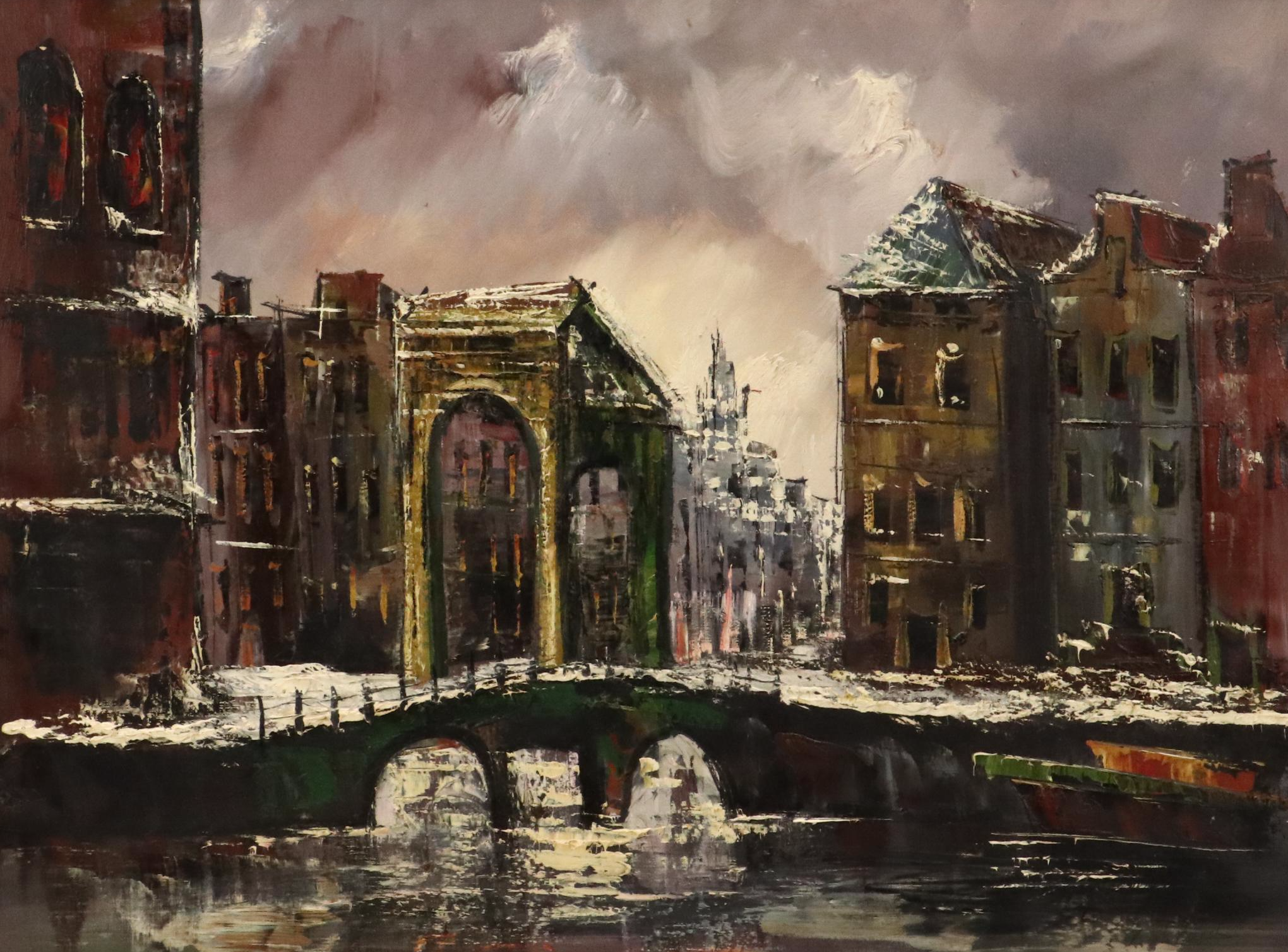 Impressionistic Oil Painting of Snowy Cityscape, 20th Century