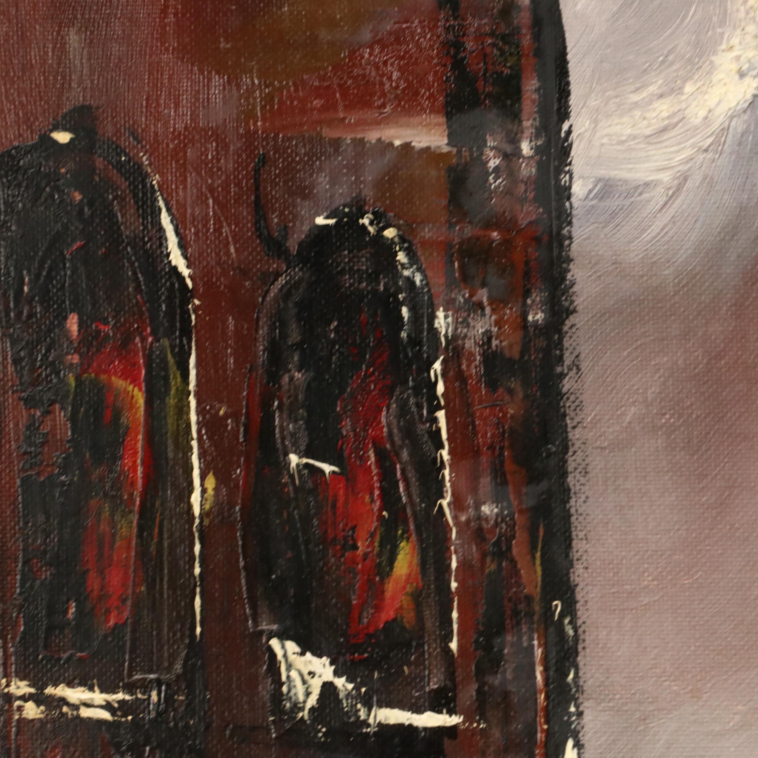 Impressionistic Oil Painting of Snowy Cityscape, 20th Century