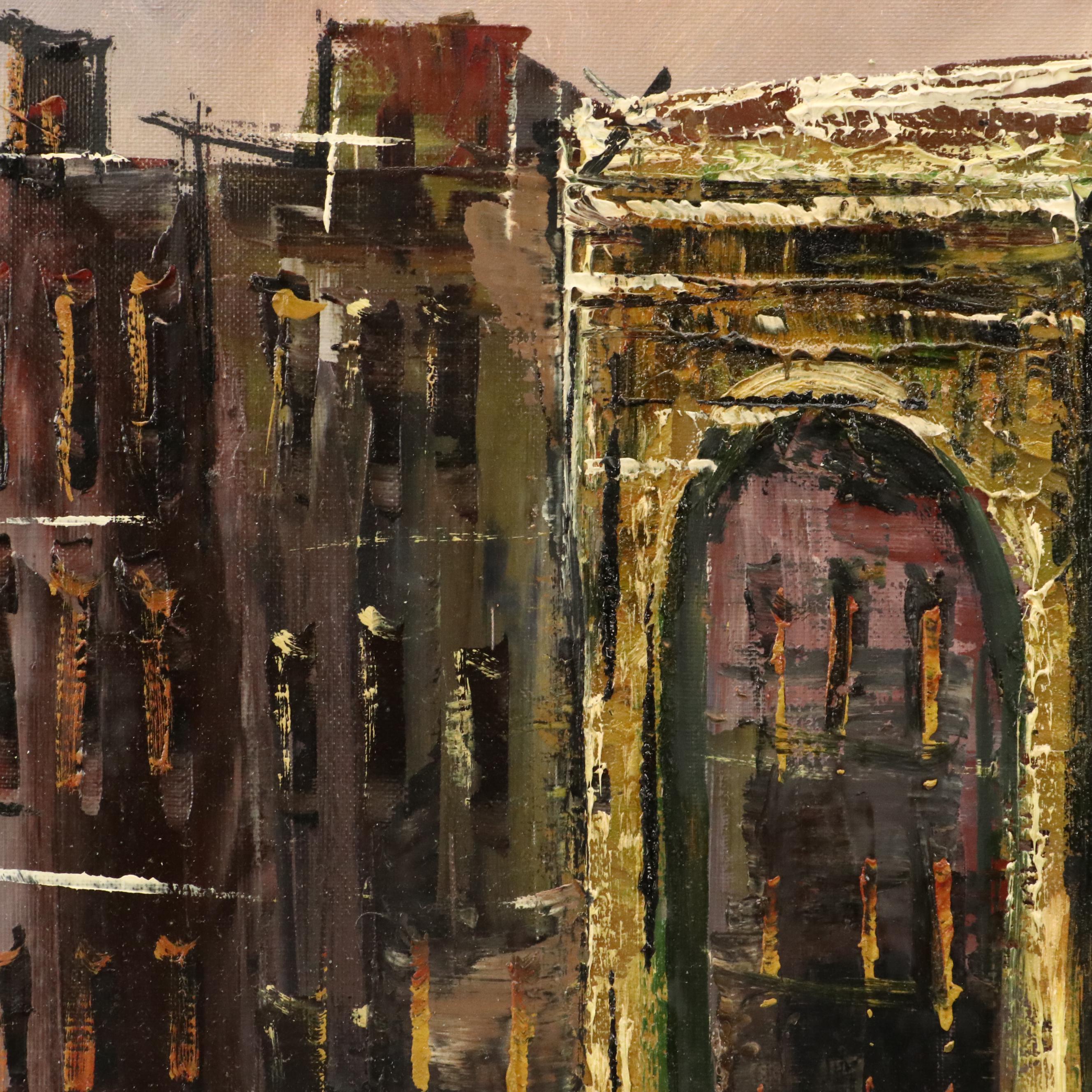 Impressionistic Oil Painting of Snowy Cityscape, 20th Century