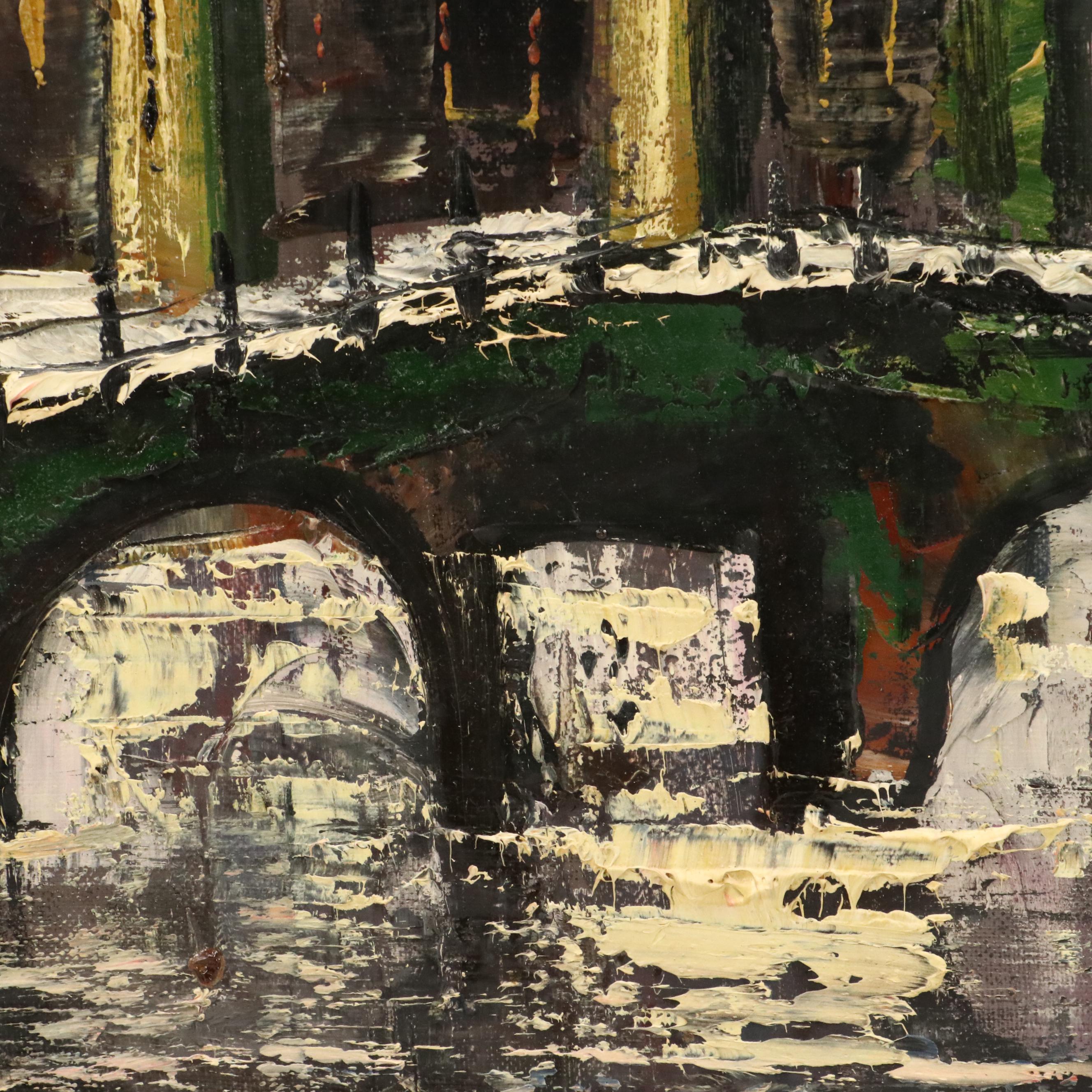 Impressionistic Oil Painting of Snowy Cityscape, 20th Century