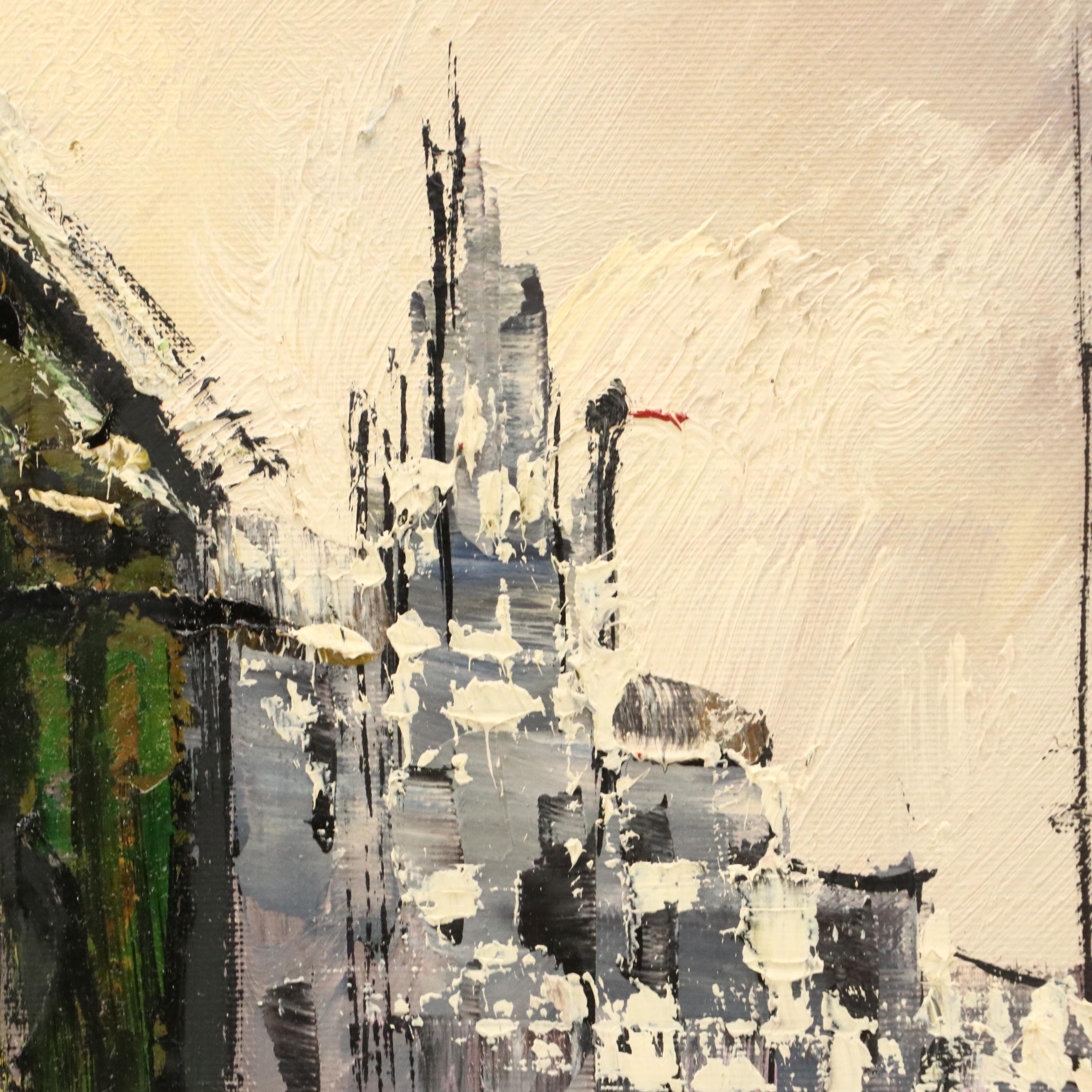 Impressionistic Oil Painting of Snowy Cityscape, 20th Century