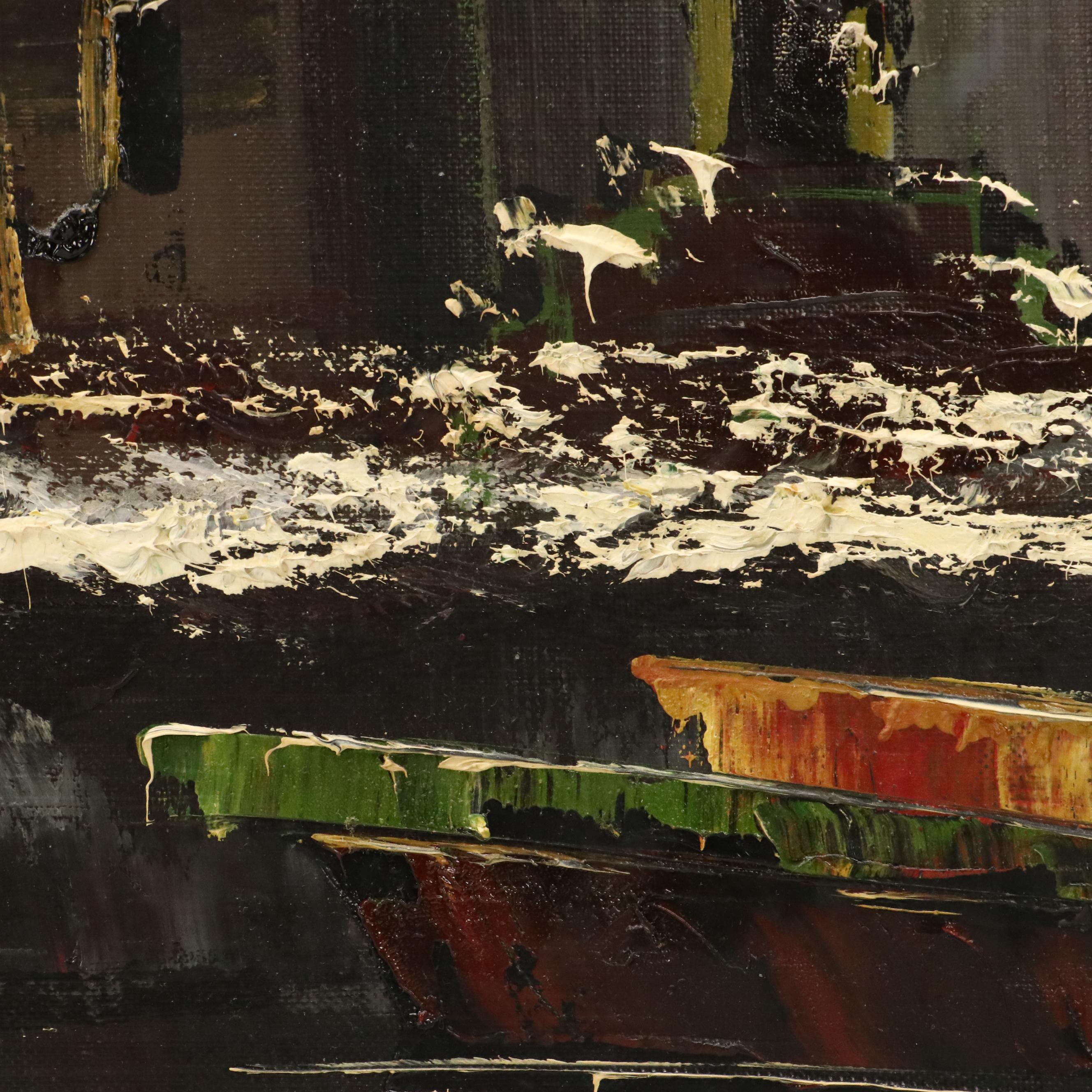 Impressionistic Oil Painting of Snowy Cityscape, 20th Century